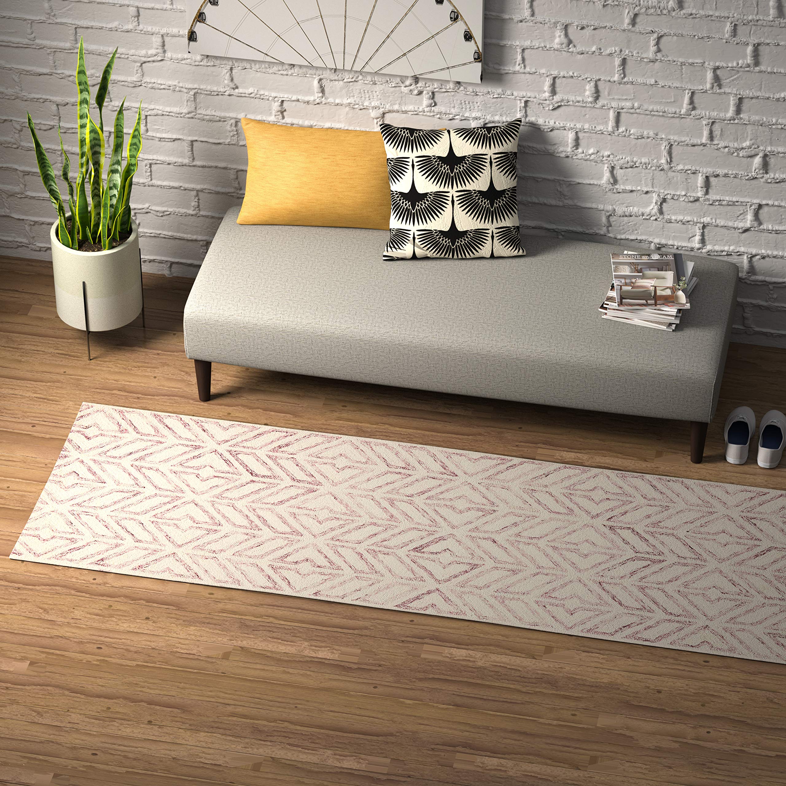 Amazon Brand – Rivet Contemporary Handtufted Cotton and Wool Rug Runner with Geometric Feathered Pattern, 2'6" x 8', Purple and Cream