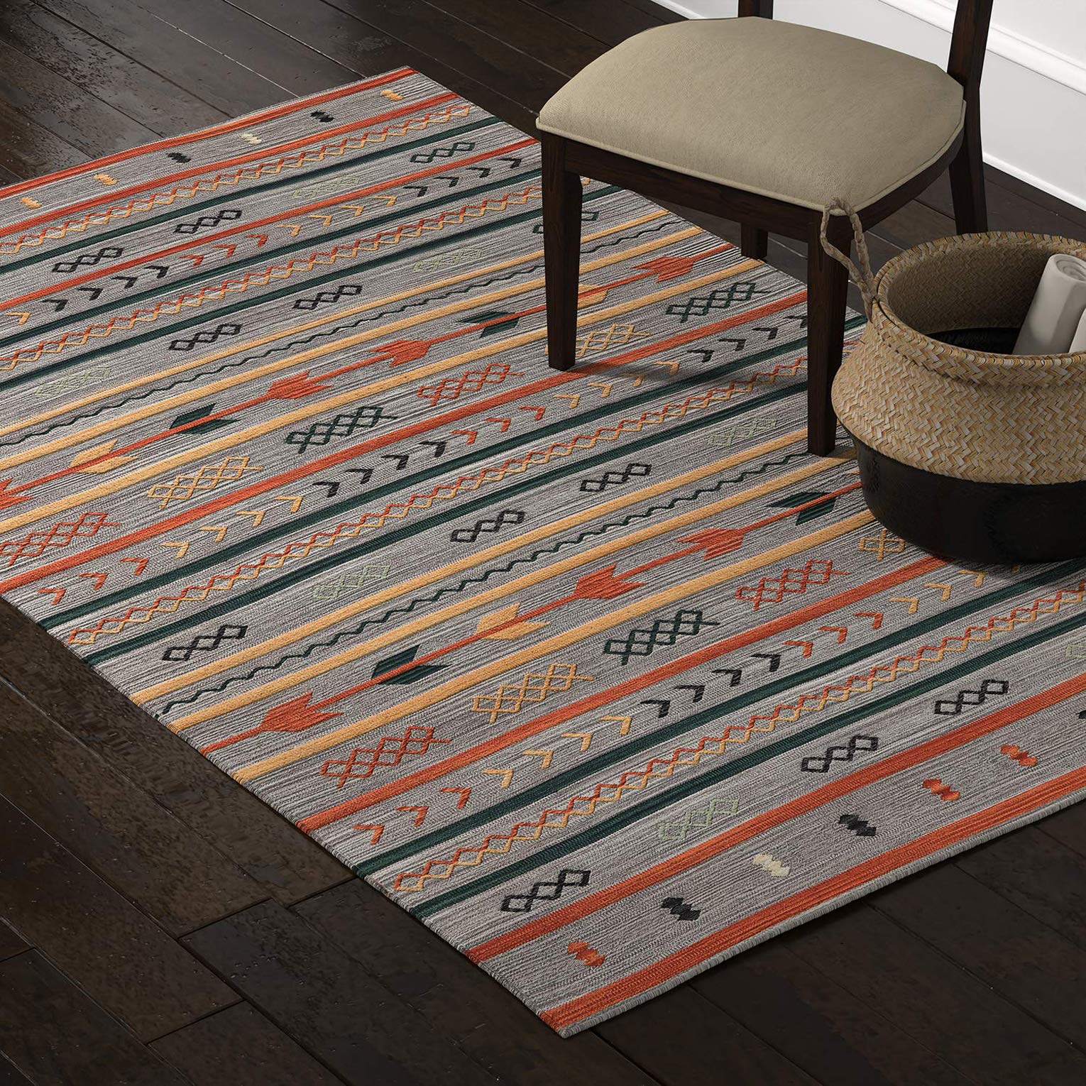 Amazon Brand – Stone & Beam Casual Geometric Cotton Area Rug, 5 x 8 Foot, Flatweave, Grey, Orange, Blue