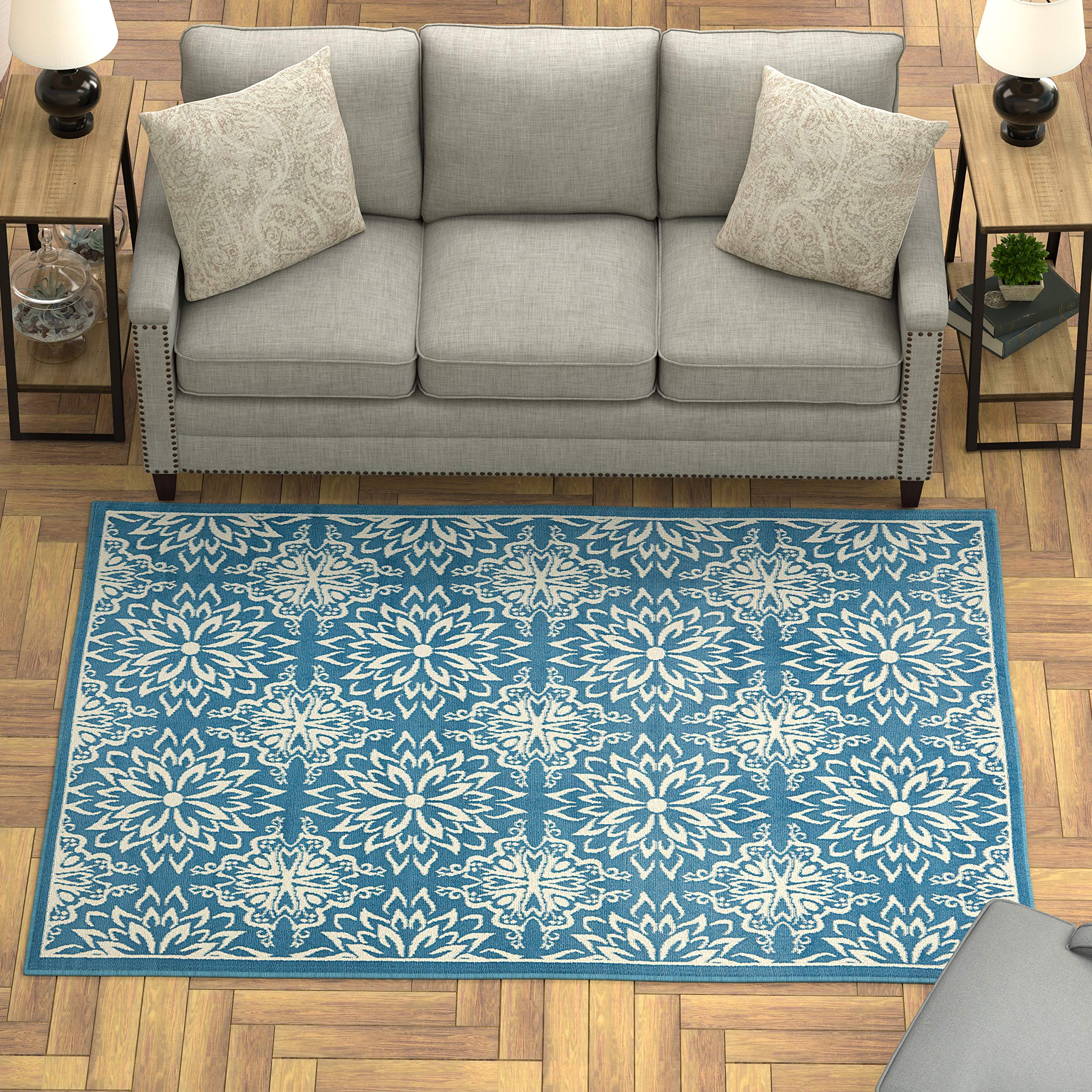 Ravenna Home Floral Medallion Tiled Rug, 5'3" x 7'3", Cerulean Blue with Ivory