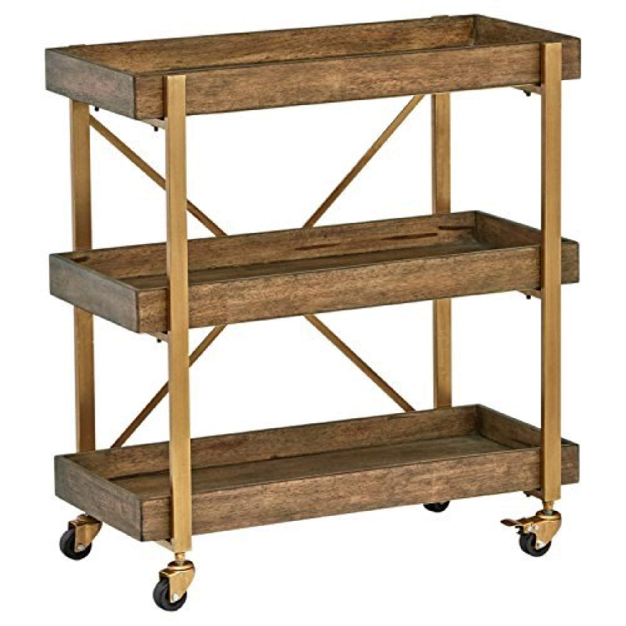 Amazon Brand – Rivet 3-Tiered Rustic Metallic Rolling Wood and Metal Bar Cart, 29.9"W, Natural