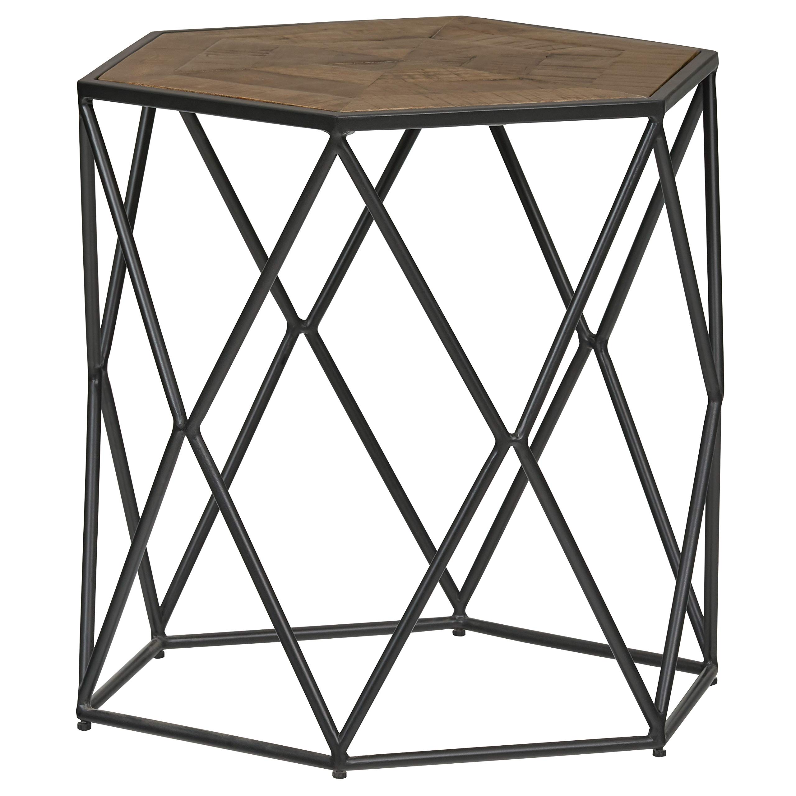 Amazon Brand – Stone & Beam Industrial Hexagonal Side Table with Solid Wood Top, 22.83"W, Brown and Gray