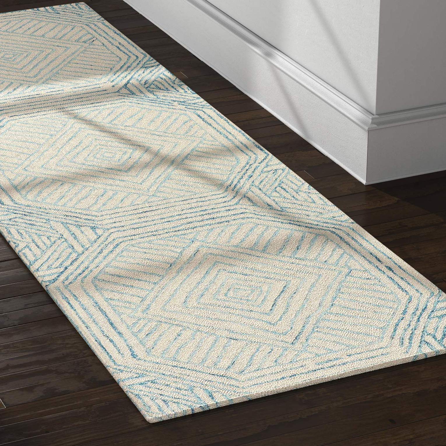 Amazon Brand – Rivet Contemporary Geometric Wool Runner Hallway Rug, 2' 6" x 8', Blue, Ivory