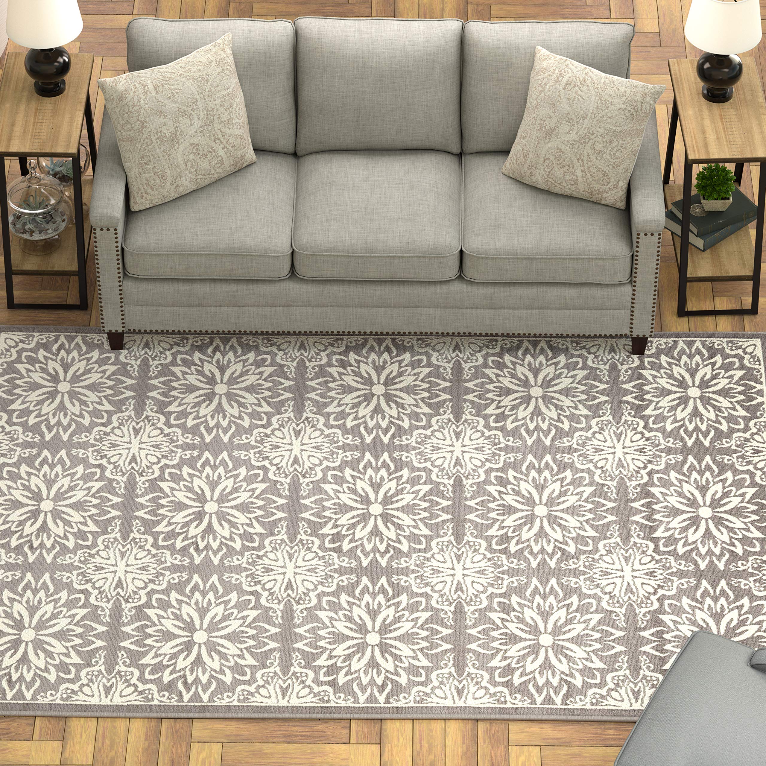 Ravenna Home Floral Medallion Tiled Rug, 6' x 9', Warm Grey with Ivory