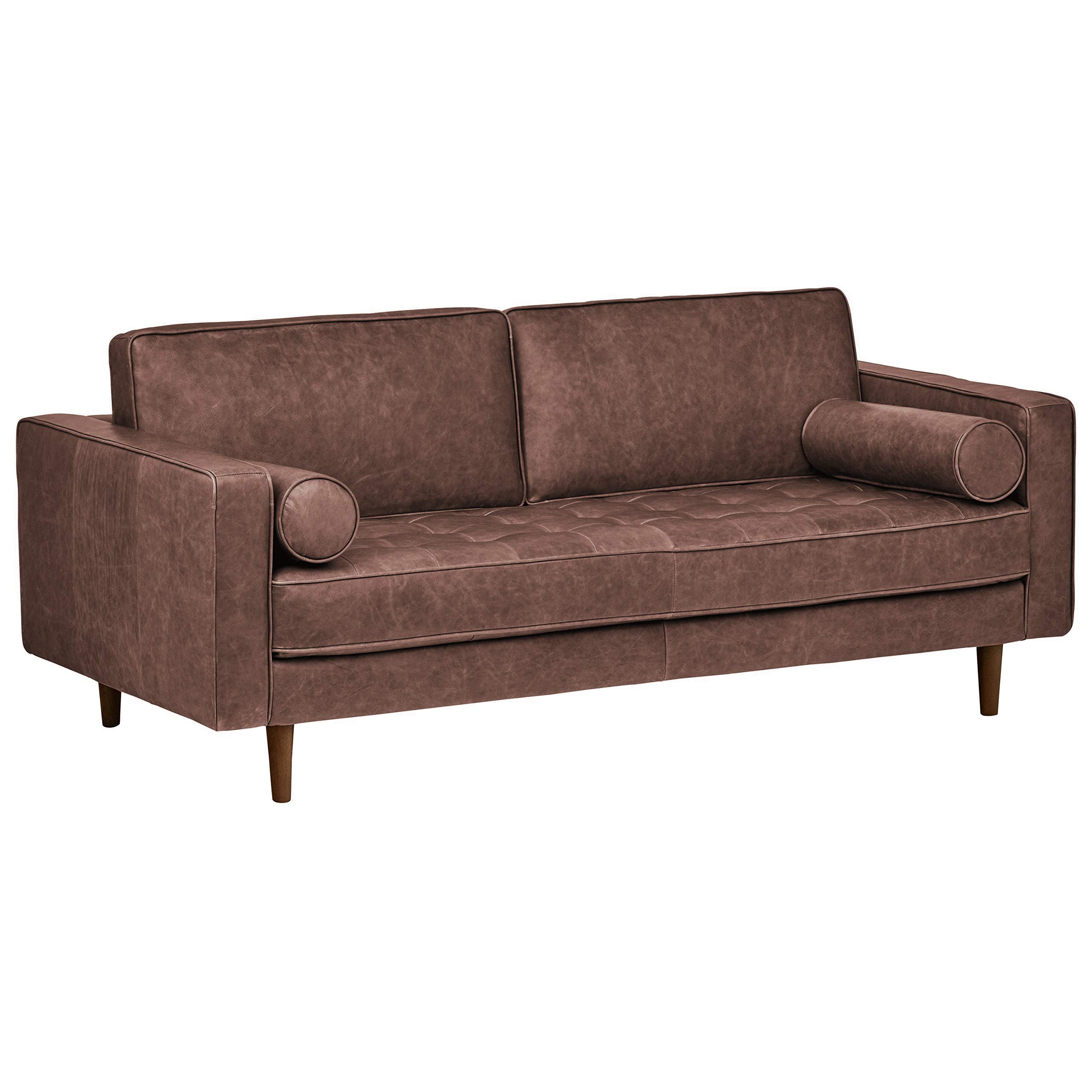 Amazon Brand – Rivet Aiden Mid-Century Leather Sofa with Tapered Wood Legs, 74"W, Dark Brown