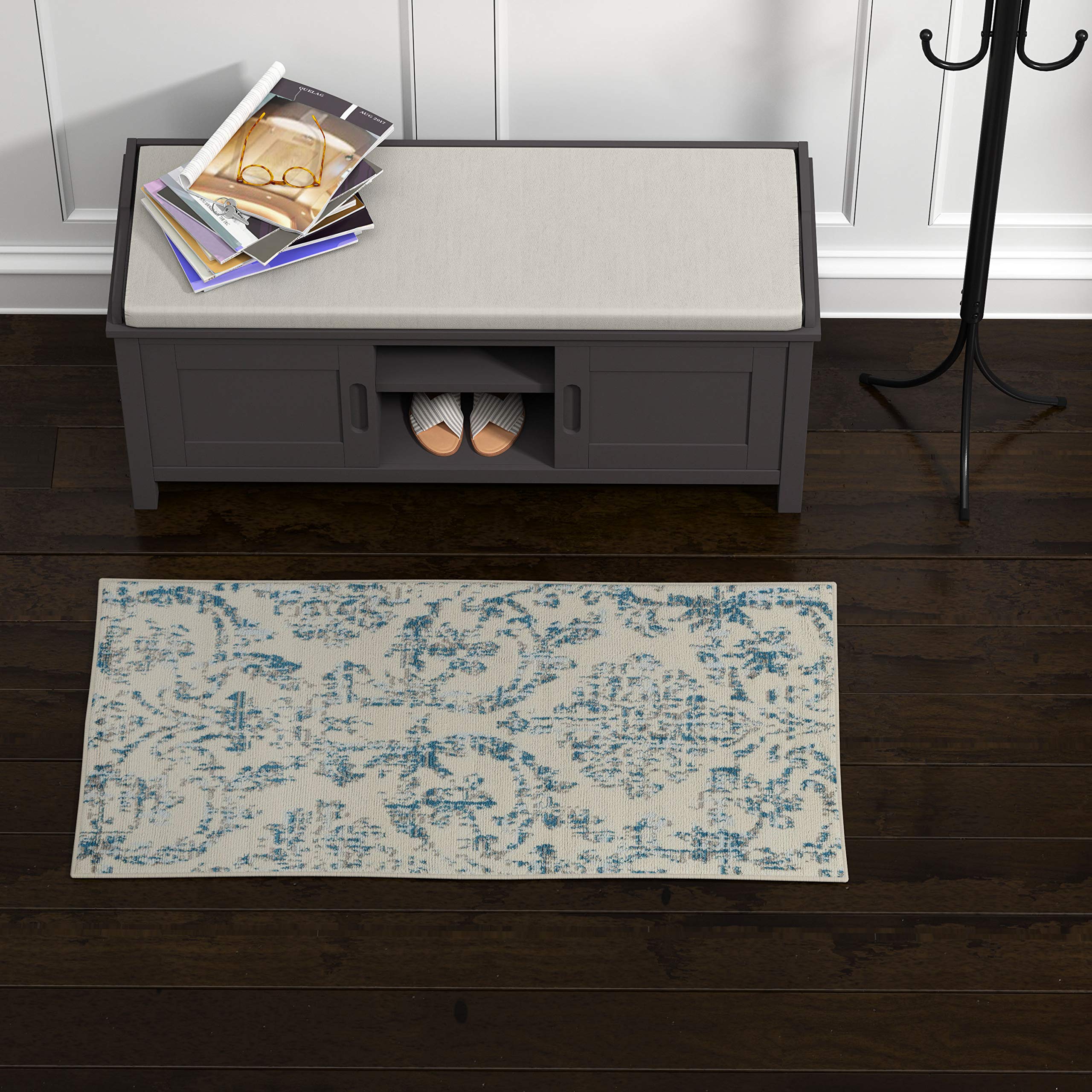 Ravenna Home Vintage Damask Patterned Rug, 2' x 4', Blue on Ivory