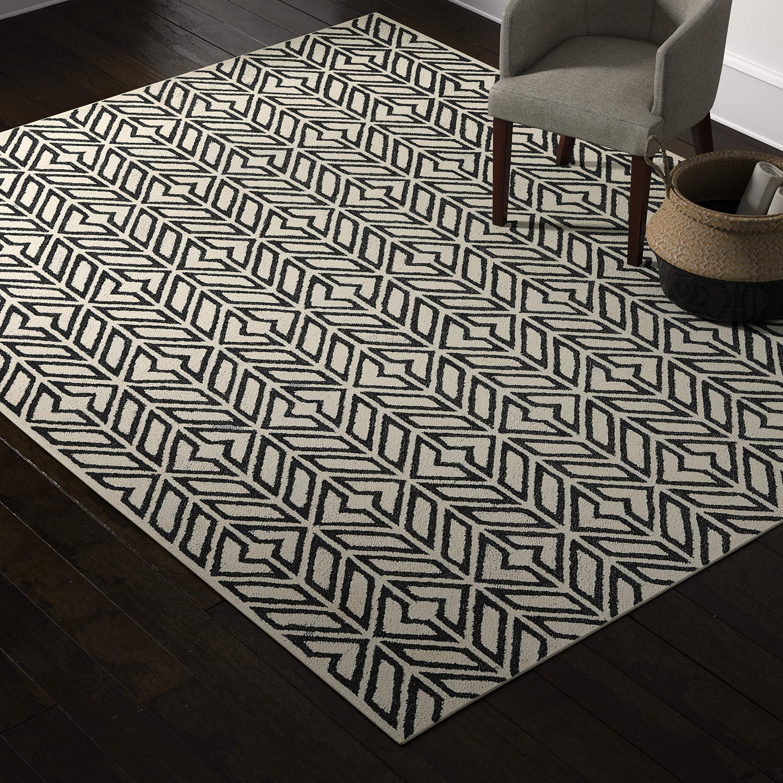 Amazon Brand – Rivet Contemporary Handtufted Cotton-and-Wool Area Rug with Geometric Feathered Pattern, 8' x 10', Black and Cream