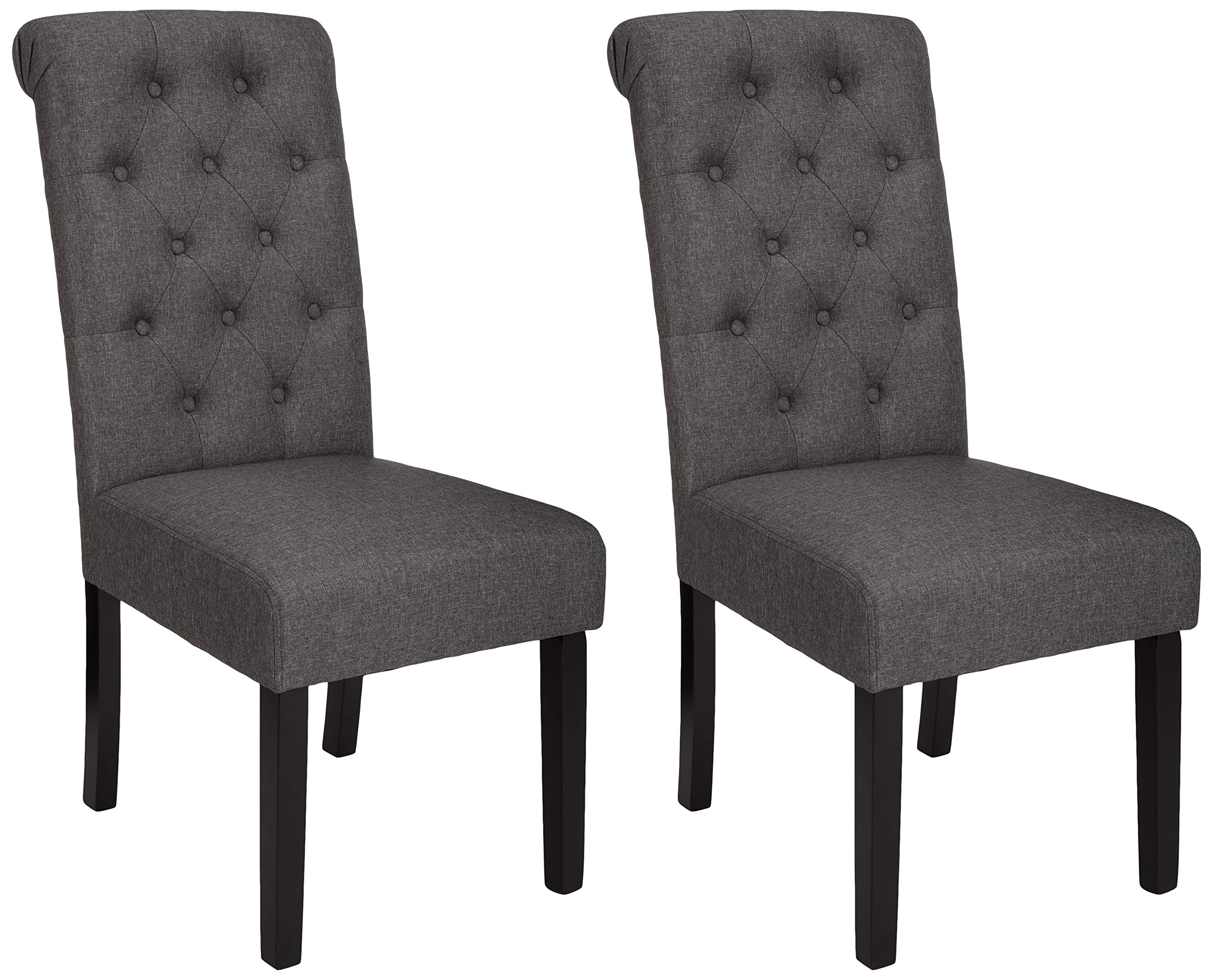 AmazonBasics Classic Fabric Tufted Dining Chair with Wooden Legs - Set of 2, Charcoal