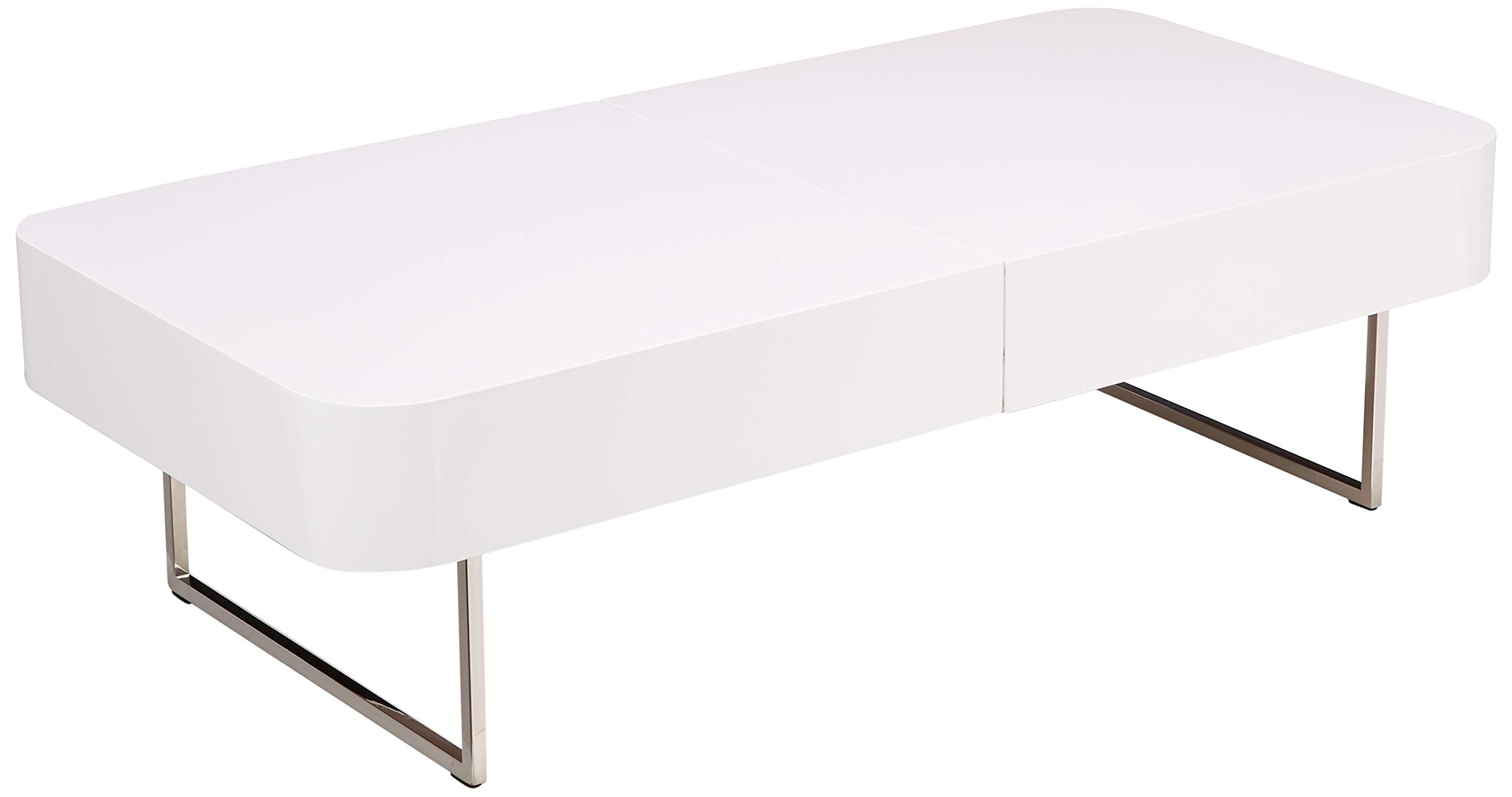 Marca Amazon - Rivet - Mesa De Centro Con Compartimentos Secretos Para Almacenamiento, Mezcla De Nogal Y Lacada En Blanco Brillante, Base De Acero Inoxidable
