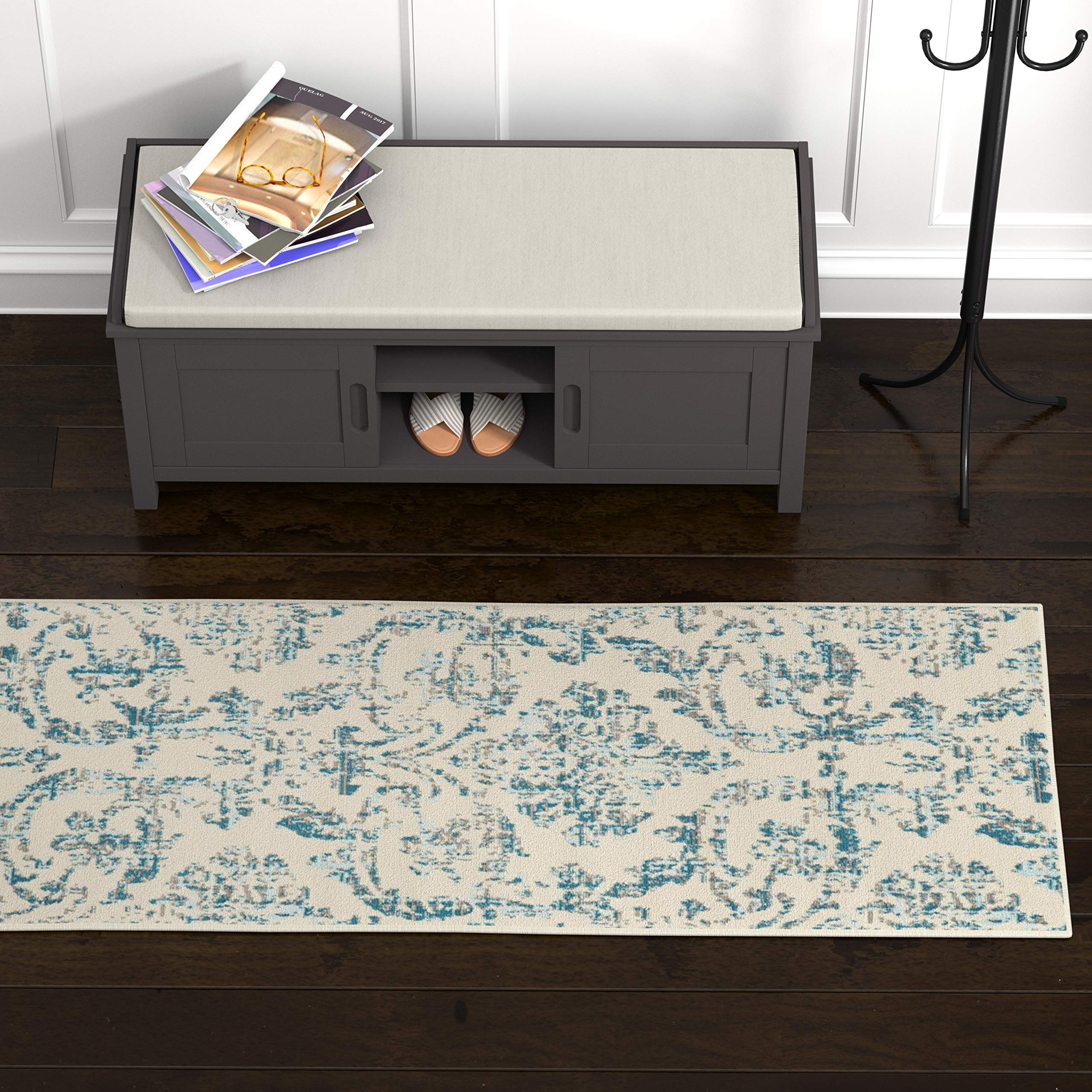 Ravenna Home Vintage Damask Patterned Rug, 2'3" x 7'3", Blue on Ivory