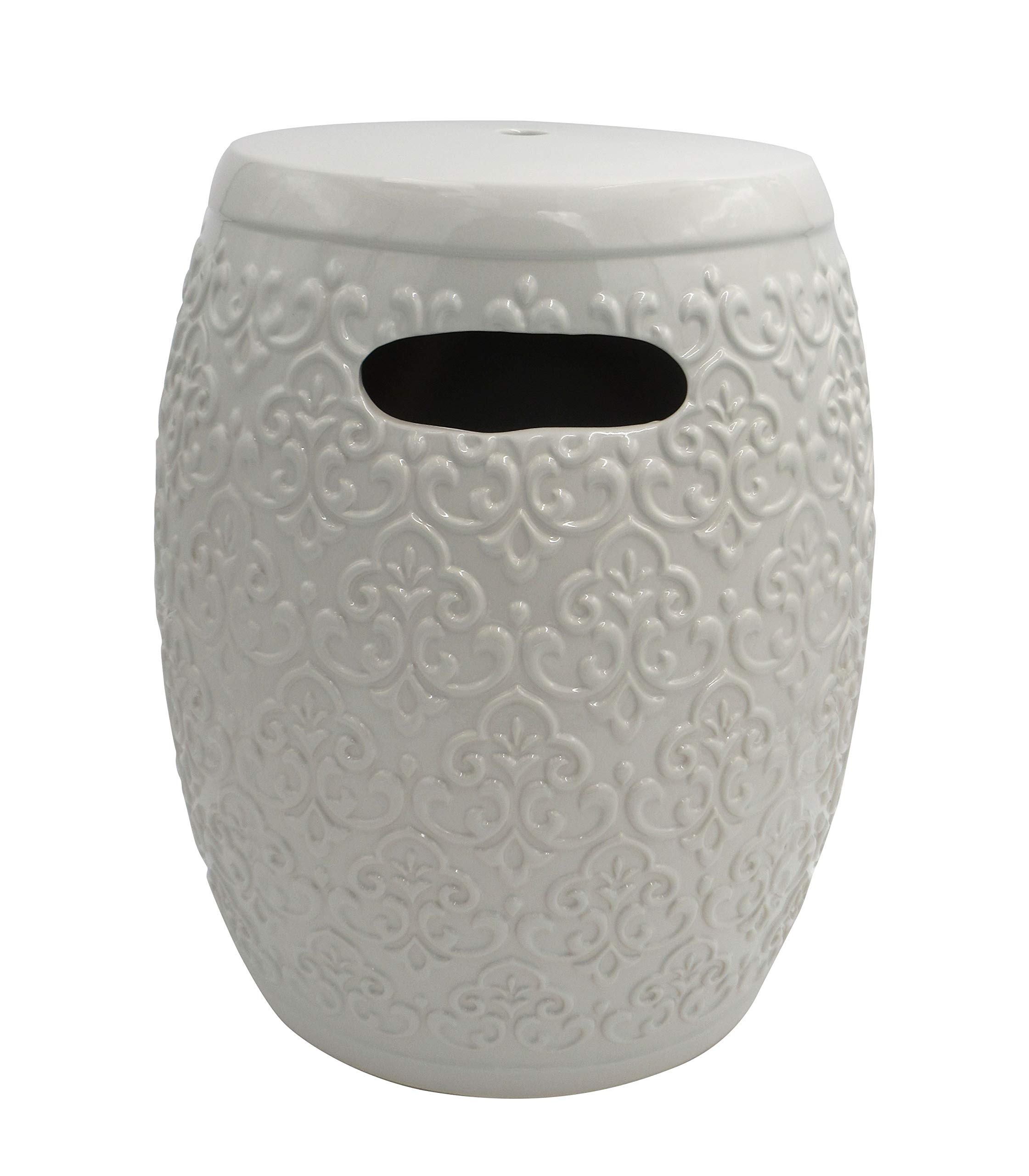 Amazon Brand – Ravenna Home Damask-Pattern Ceramic Garden Stool or Side Table, 16"H, Off-White