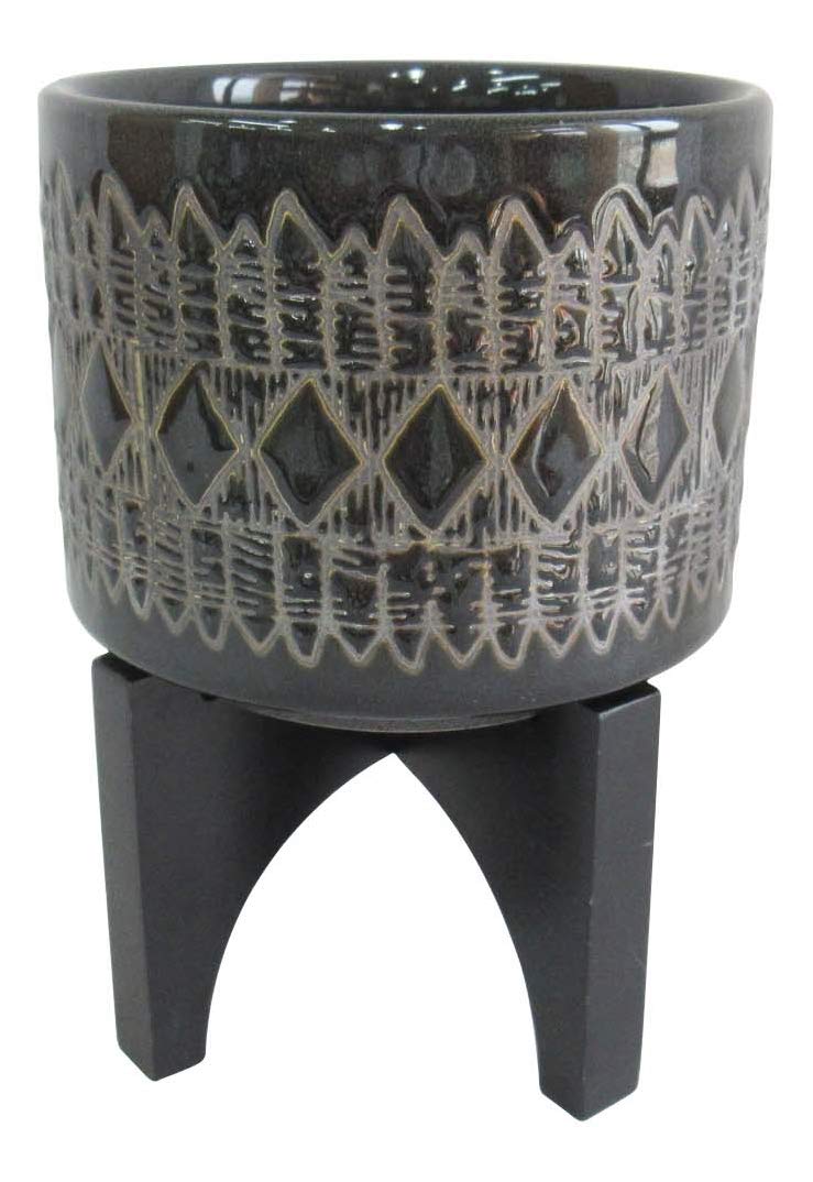 Amazon Brand – Rivet Global Stoneware Planter with Black Wood Stand, 7"H, Black Glaze