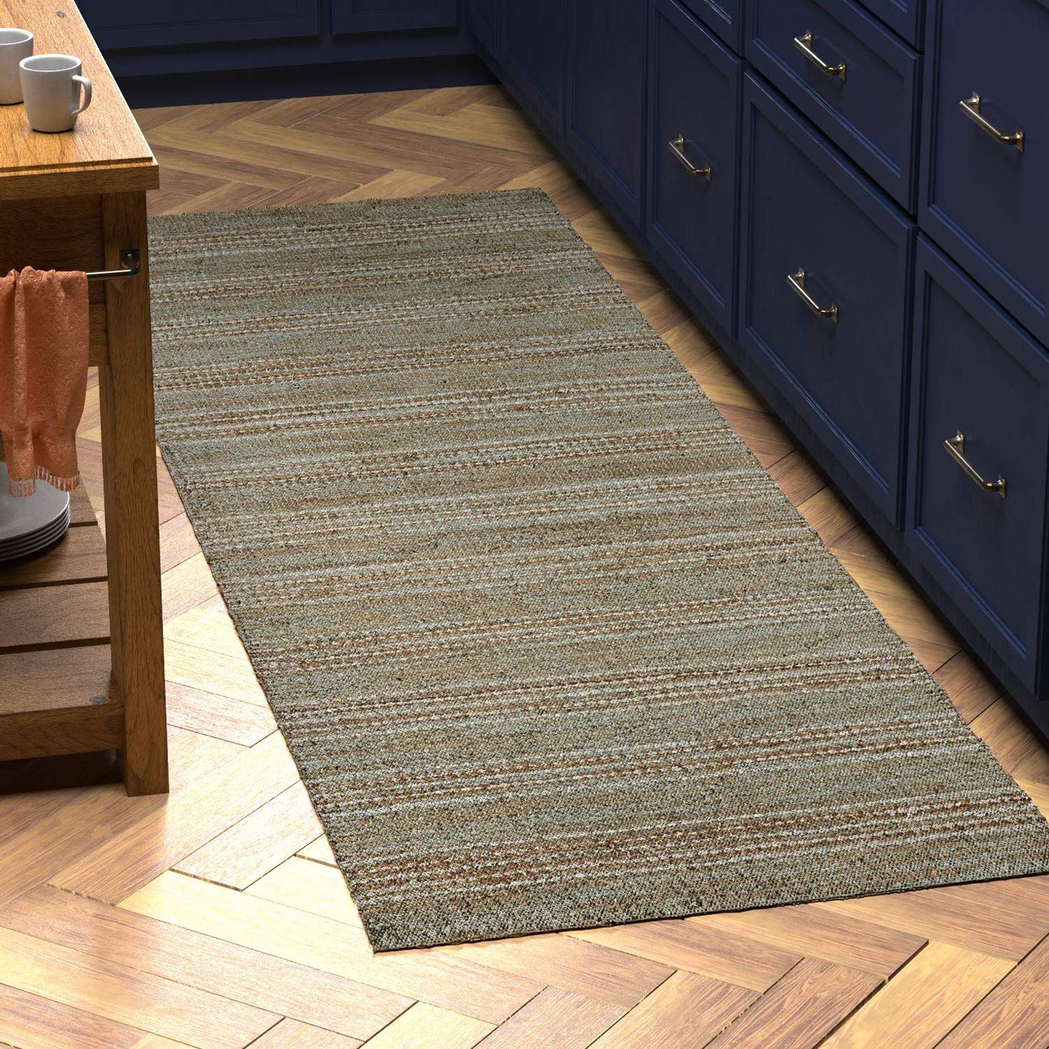 Amazon Brand – Stone & Beam Striped Leather Runner Rug, 2' 6" x 8', Beige