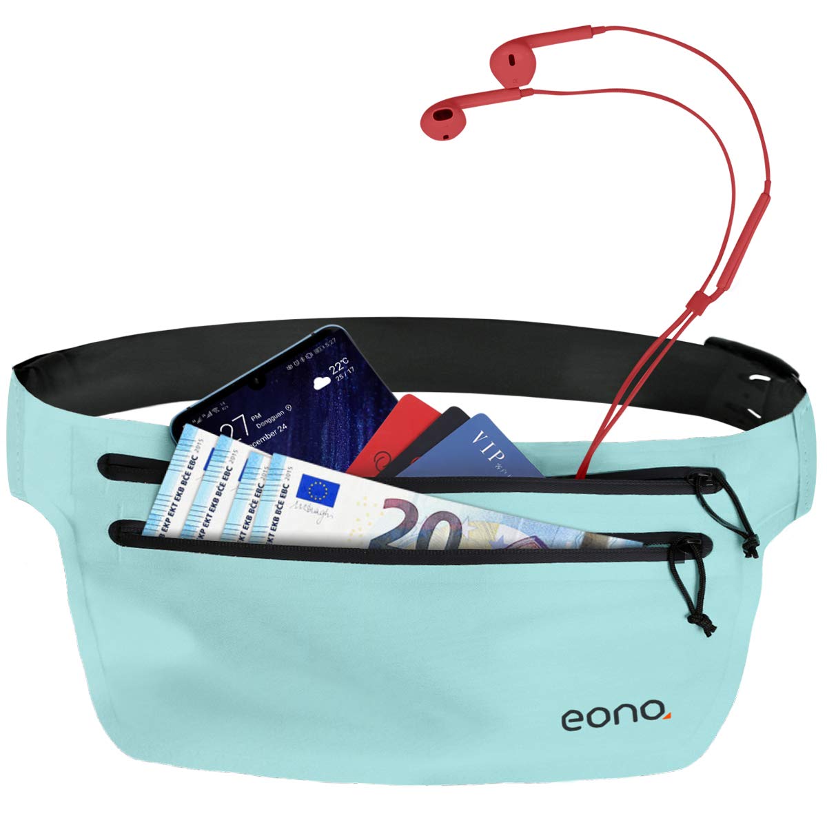 Eono by Amazon - Water Resistant Running Waist Bag with Adjustable Elastic Strap - Large Capacity Running Belt for Gym, Sports, Cycling, Running, Travel and Outdoor Activities, blue