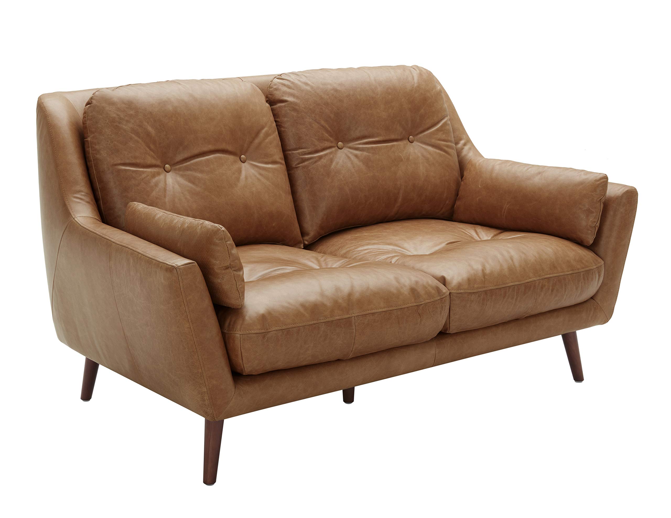 Amazon Brand – Rivet Brooker Down-Filled Mid-Century Love Seat, 65"W, Top Grain Leather, Cognac