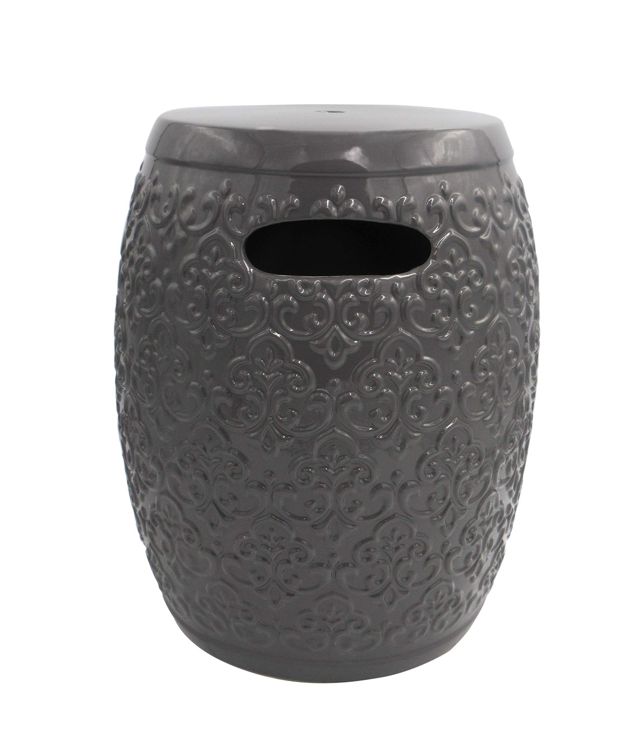 Amazon Brand – Ravenna Home Damask-Pattern Ceramic Garden Stool or Side Table, 16"H, Grey
