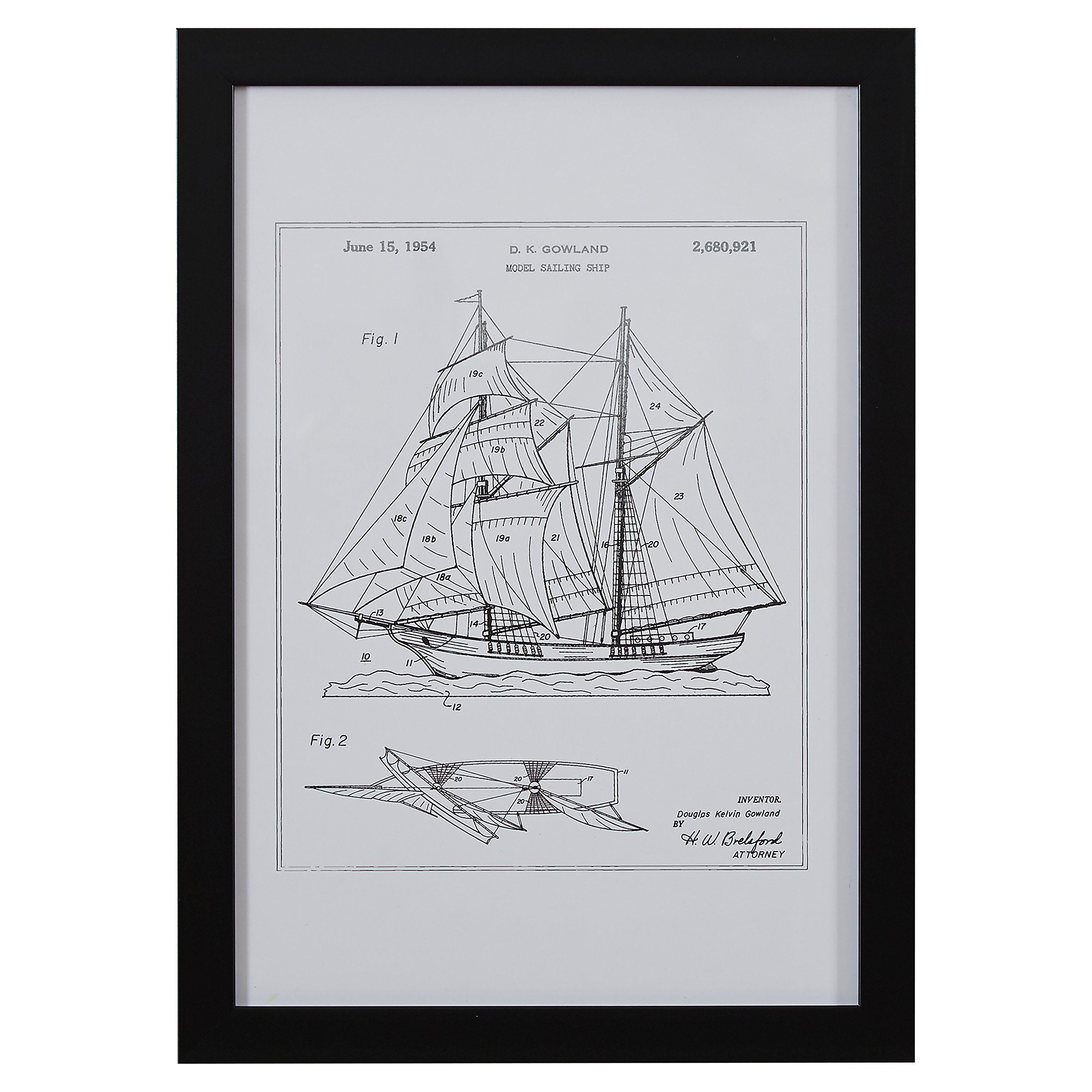 Amazon Brand – Stone & Beam Modern Metallic Ink Reprint of Sailing Ship Patent Wall Art, Black Frame, 15" x 21"