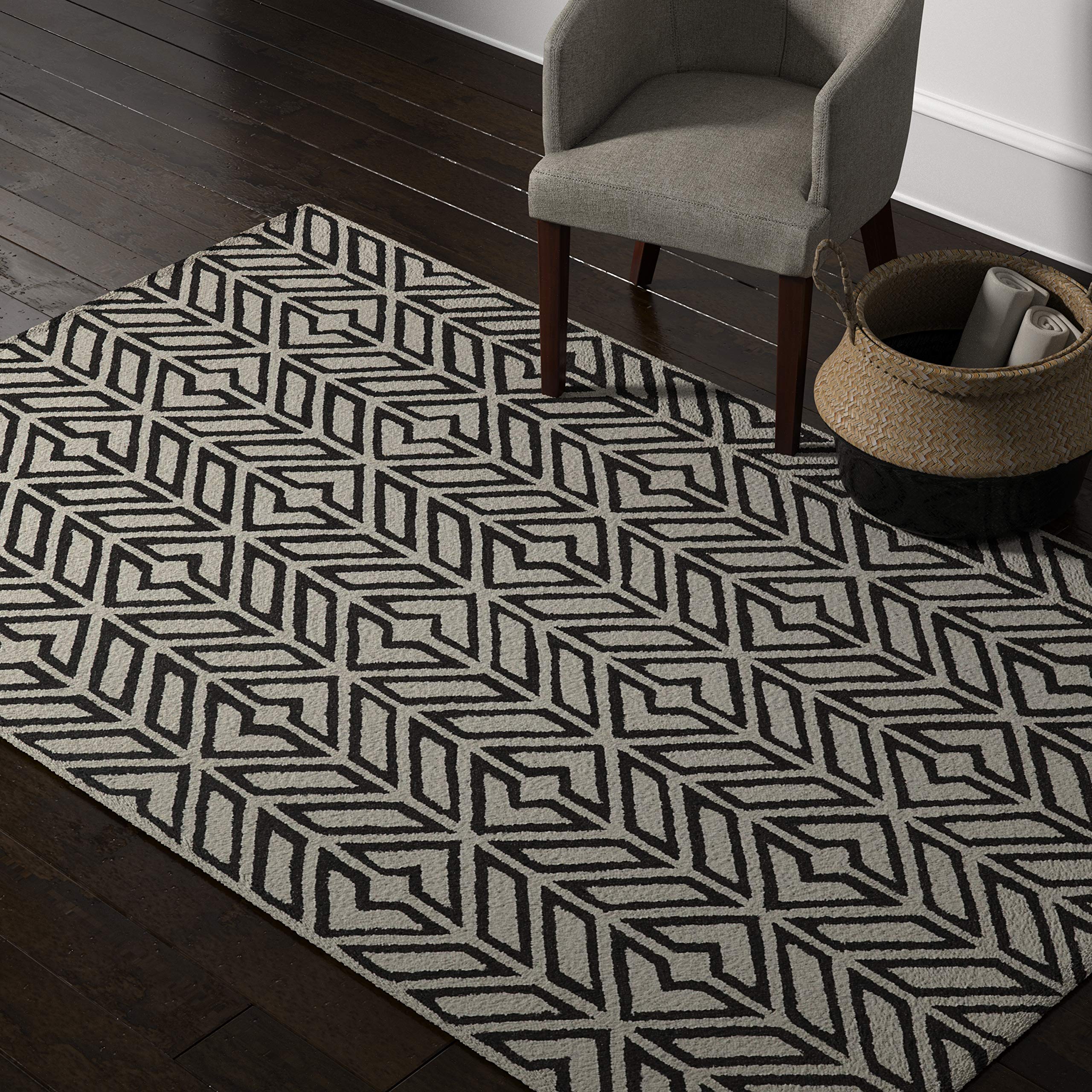 Amazon Brand – Rivet Contemporary Handtufted Cotton-and-Wool Area Rug with Geometric Feathered Pattern, 5' x 8', Black and Cream