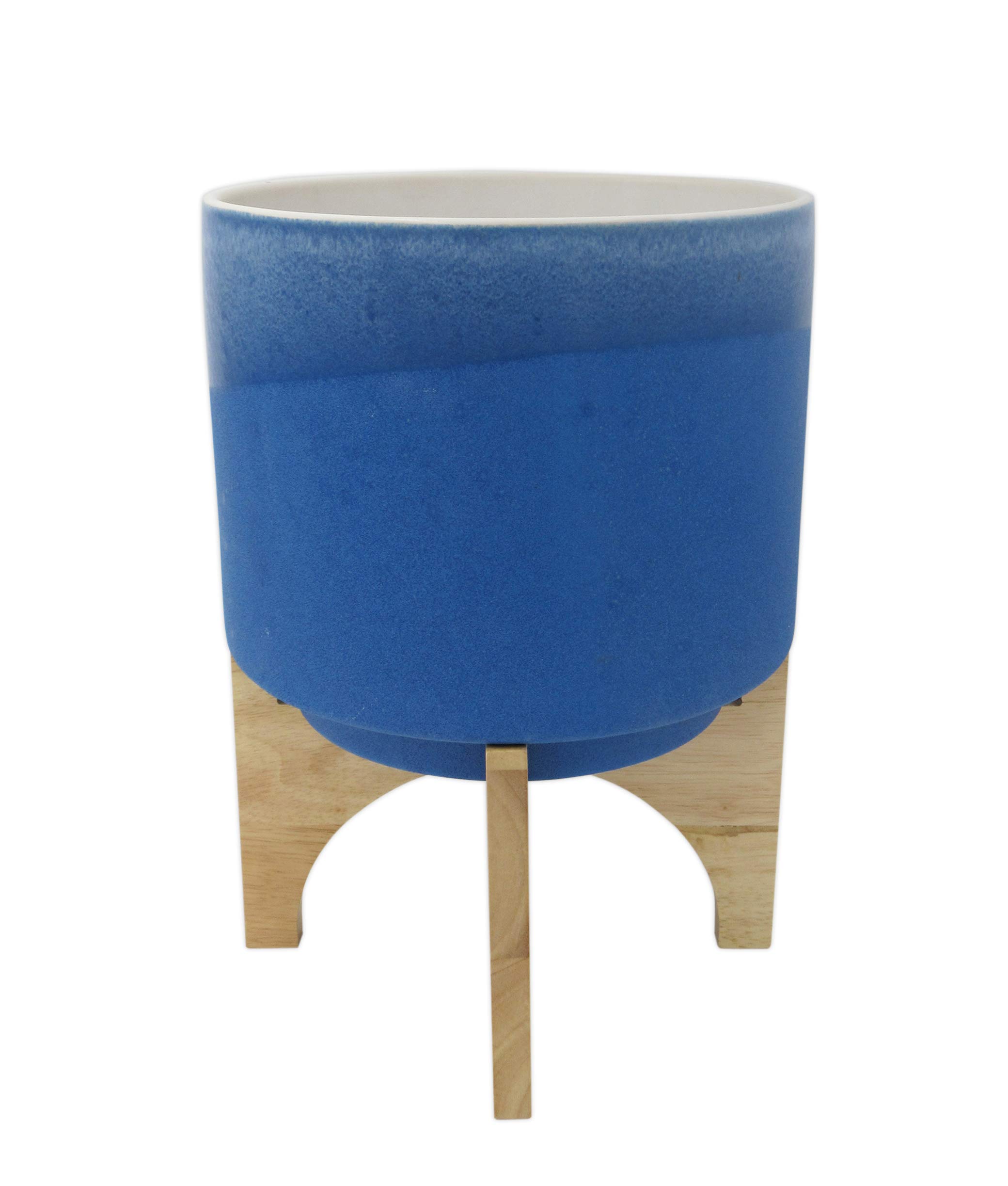 Amazon Brand – Rivet Mid-Century Stoneware Planter with Wood Stand, 10.43"H, Royal Blue