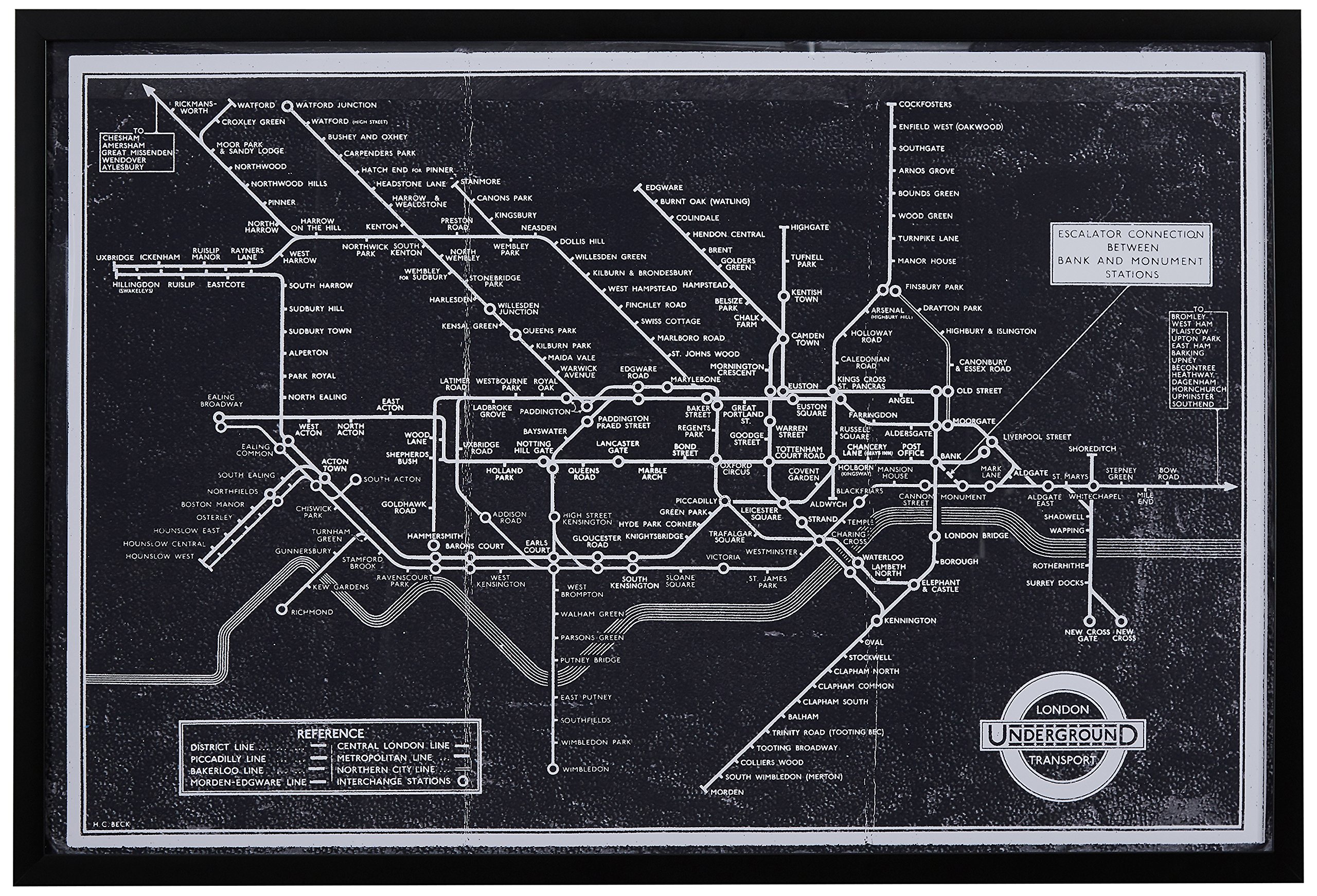 Amazon Brand – Rivet Black and White Blueprint Map of London Underground Wall Art, Black Frame, 26" x 18"