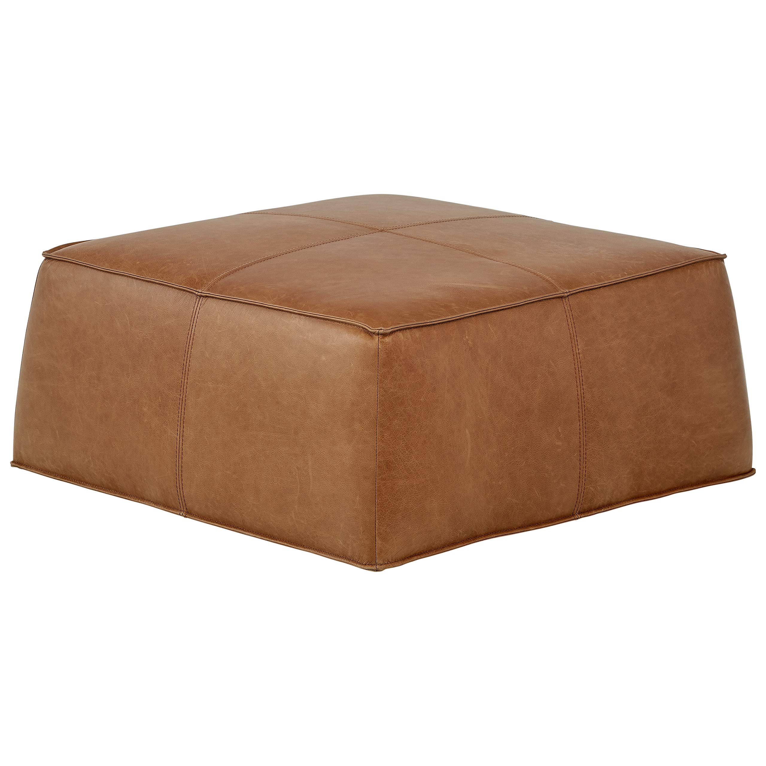 Amazon Brand – Rivet Contemporary Leather Ottoman Pouf, 36"W, Cognac