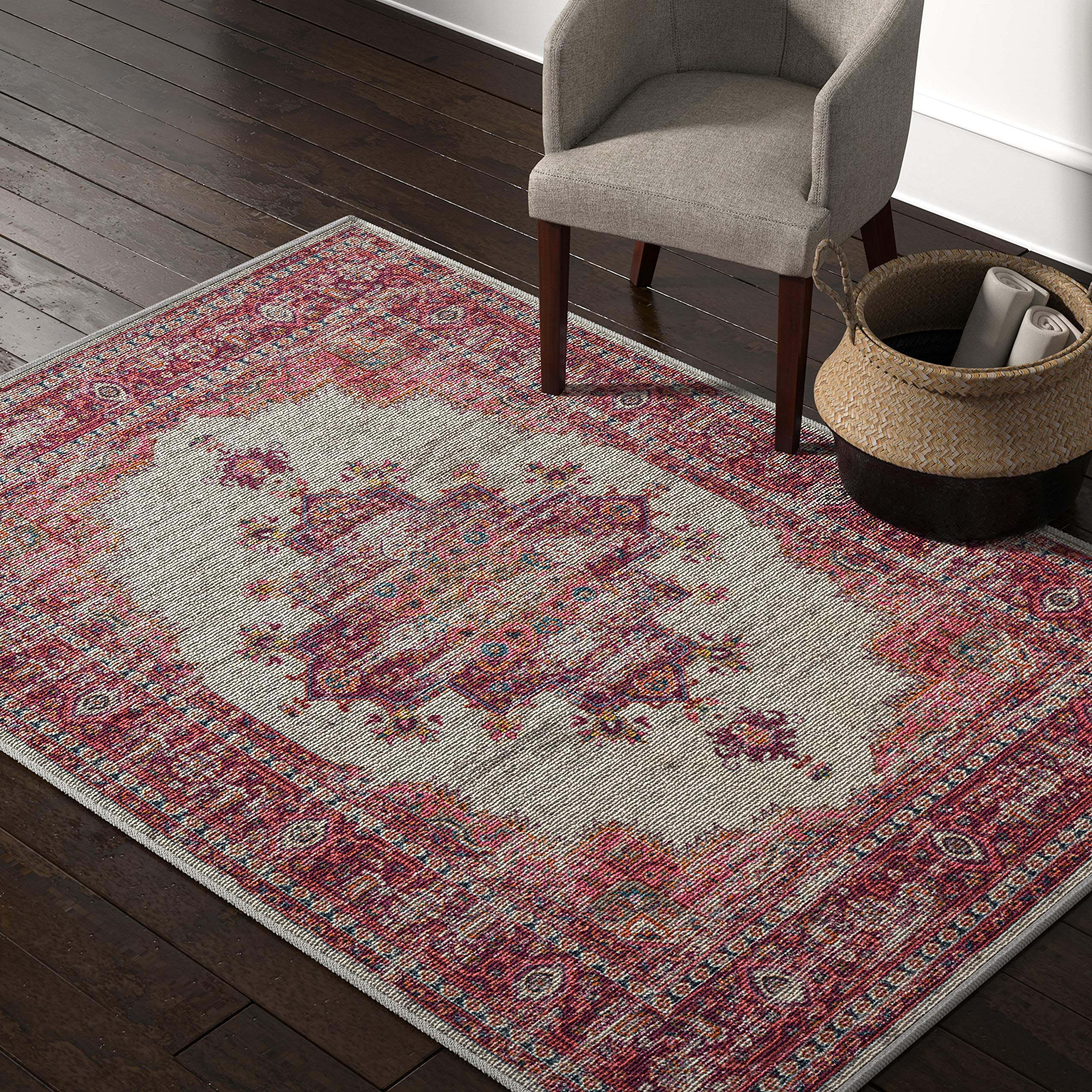Amazon Brand – Rivet Old World Vintage Persian Area Rug, 5' 3" x 7' 3", Passion Pink
