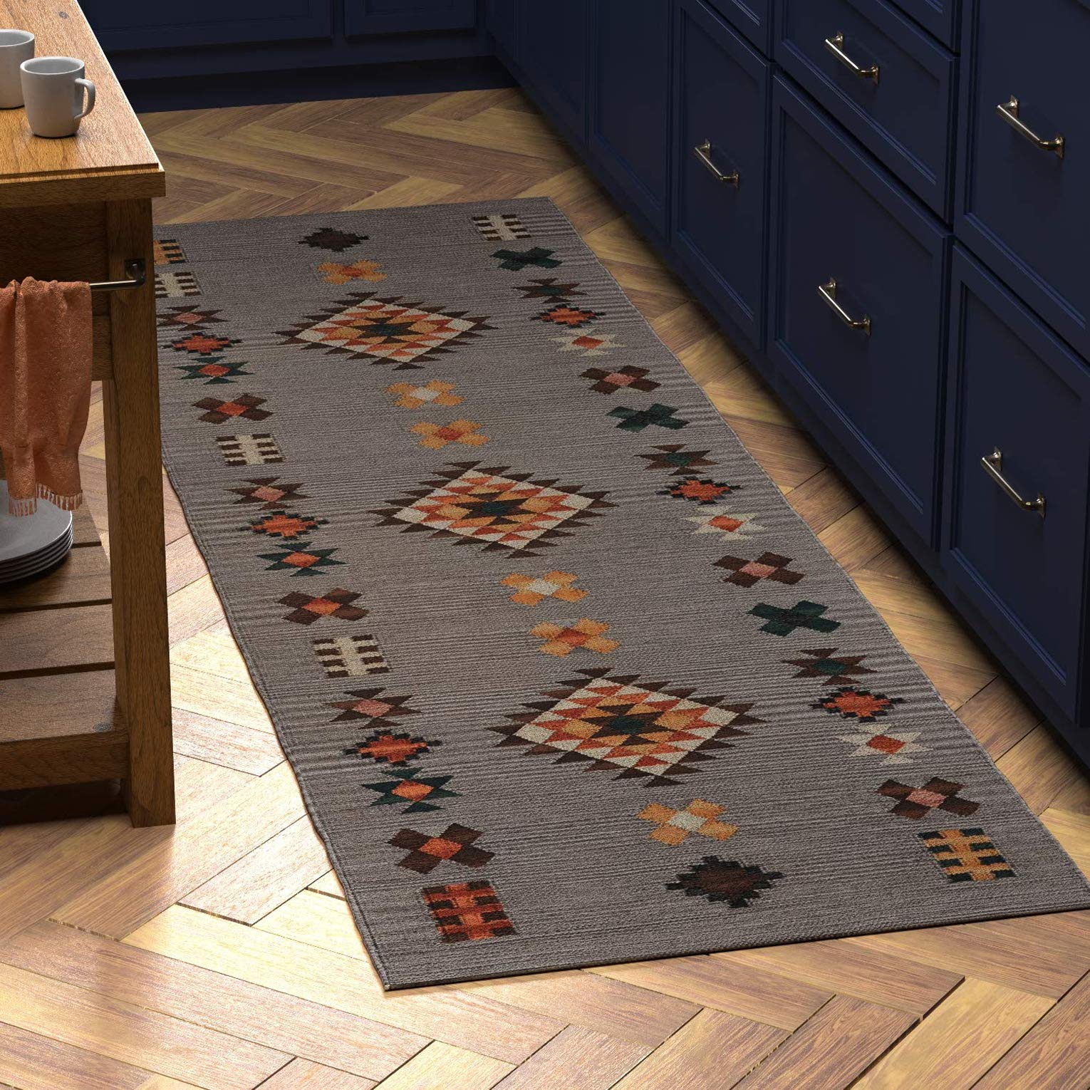 Amazon Brand – Stone & Beam Casual Geometric Southwestern Flatweave Cotton Runner Rug, 2' 6" x 8', Gray, Orange
