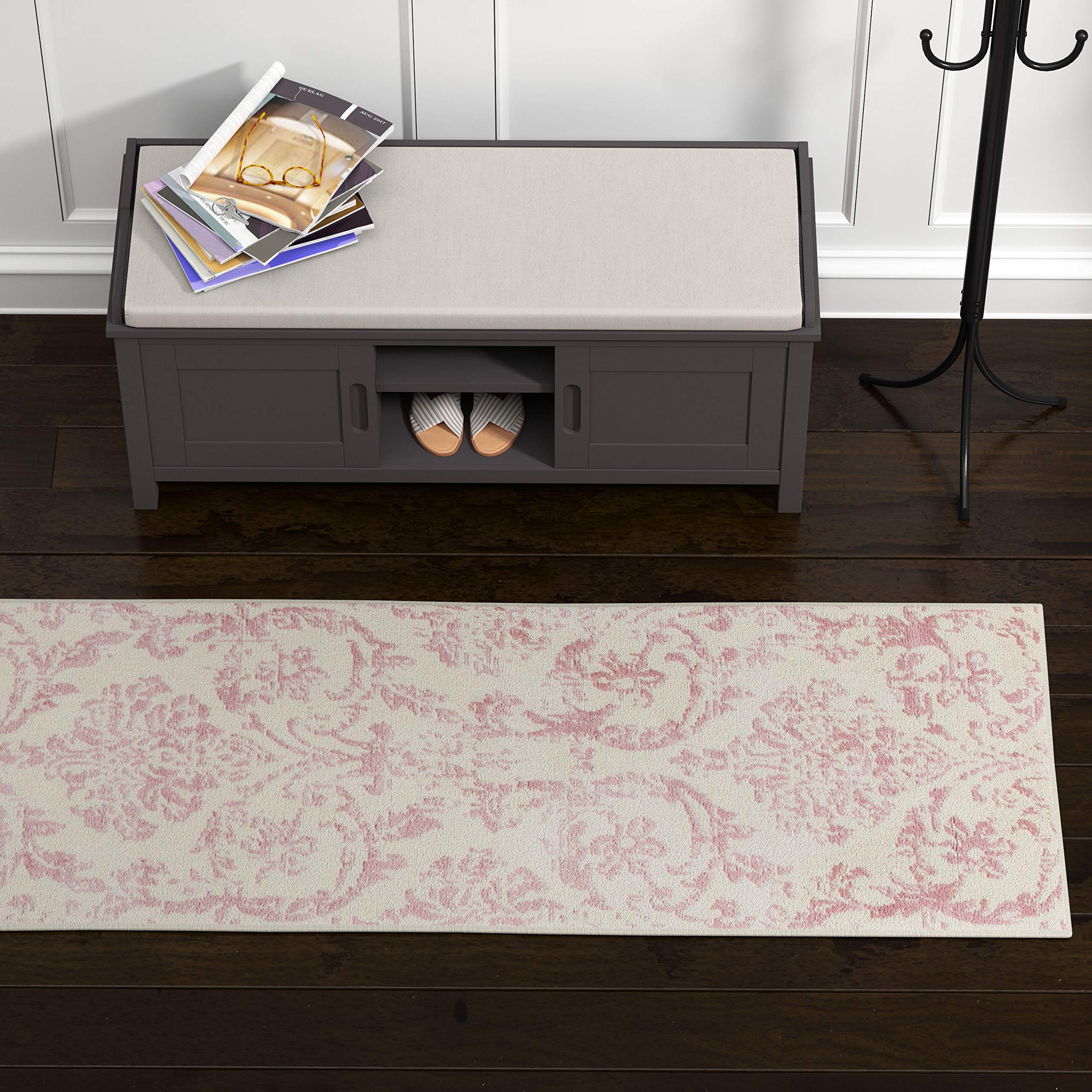 Ravenna Home Vintage Damask Patterned Rug, 2'3" x 7'3", Pink on Ivory