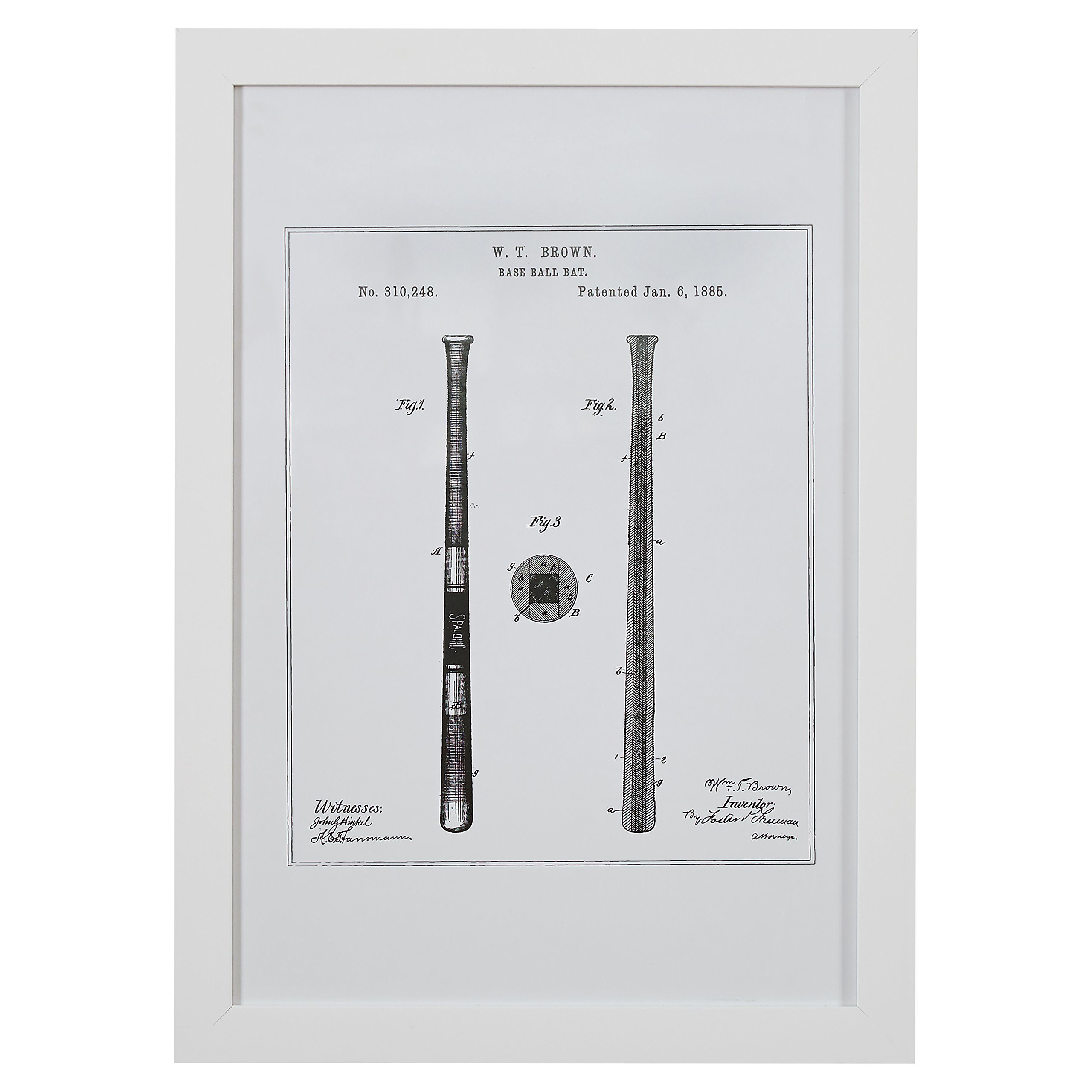 Amazon Brand – Stone & Beam Modern Gold Print of 1885 Baseball Bat Patent Wall Art, White Frame, 15" x 21"