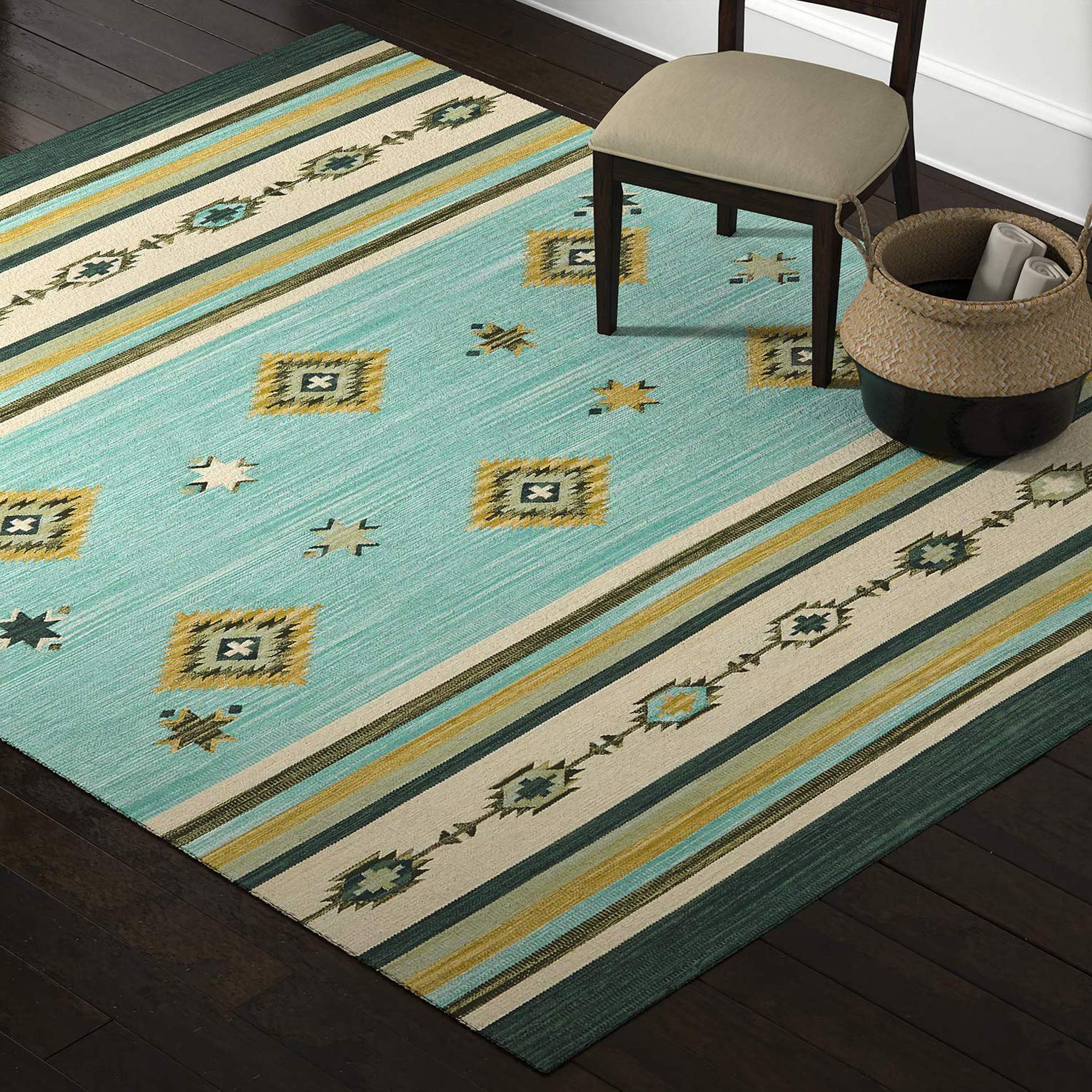 Amazon Brand – Stone & Beam Casual Geometric Cotton Area Rug, 8 x 10 Foot, Flatweave, Blue, Grey, Ivory