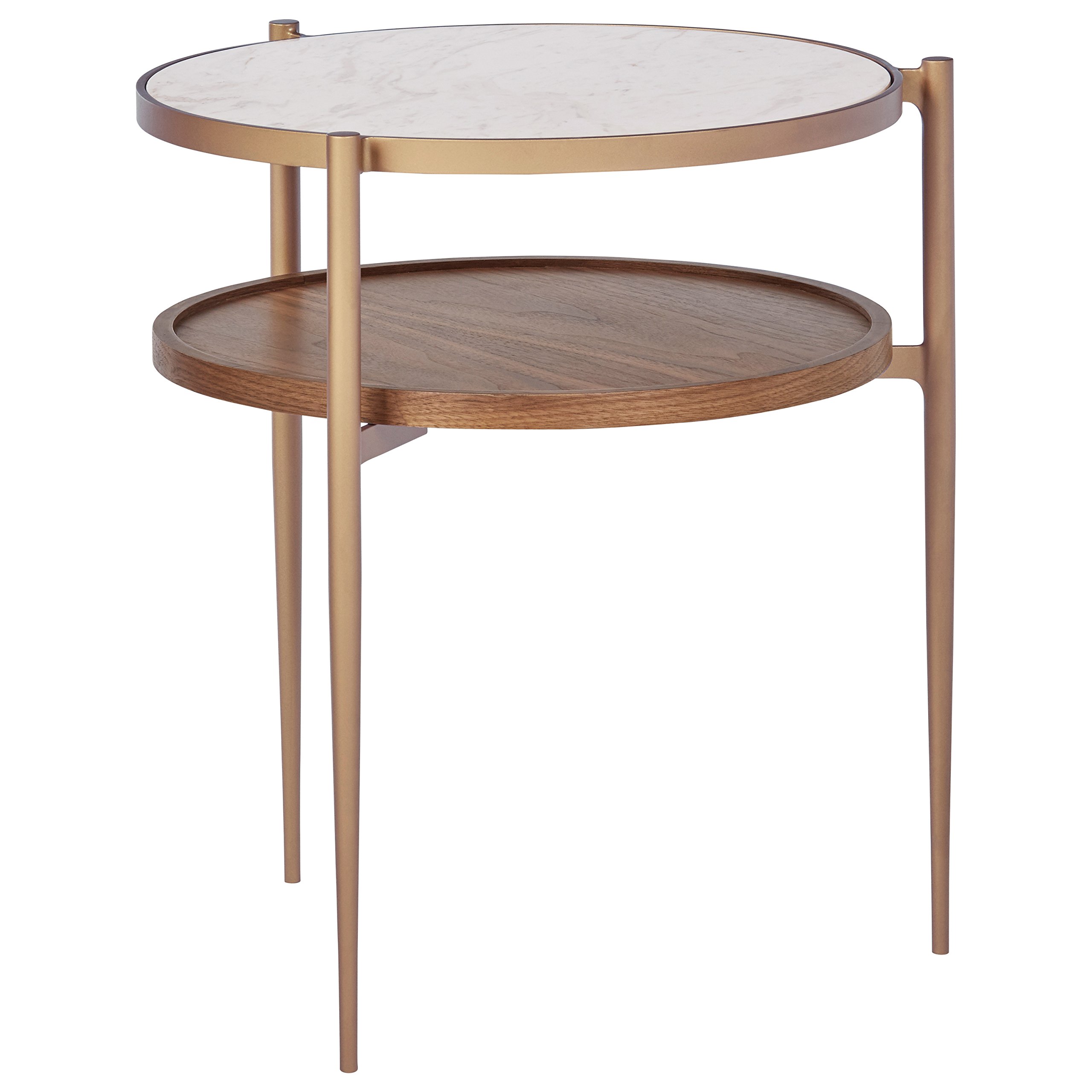 Amazon Brand – Rivet Modern White Marble and Wood Double Storage Wood Shelf Side End Table, 21.3"H, White/Brass/Walnut