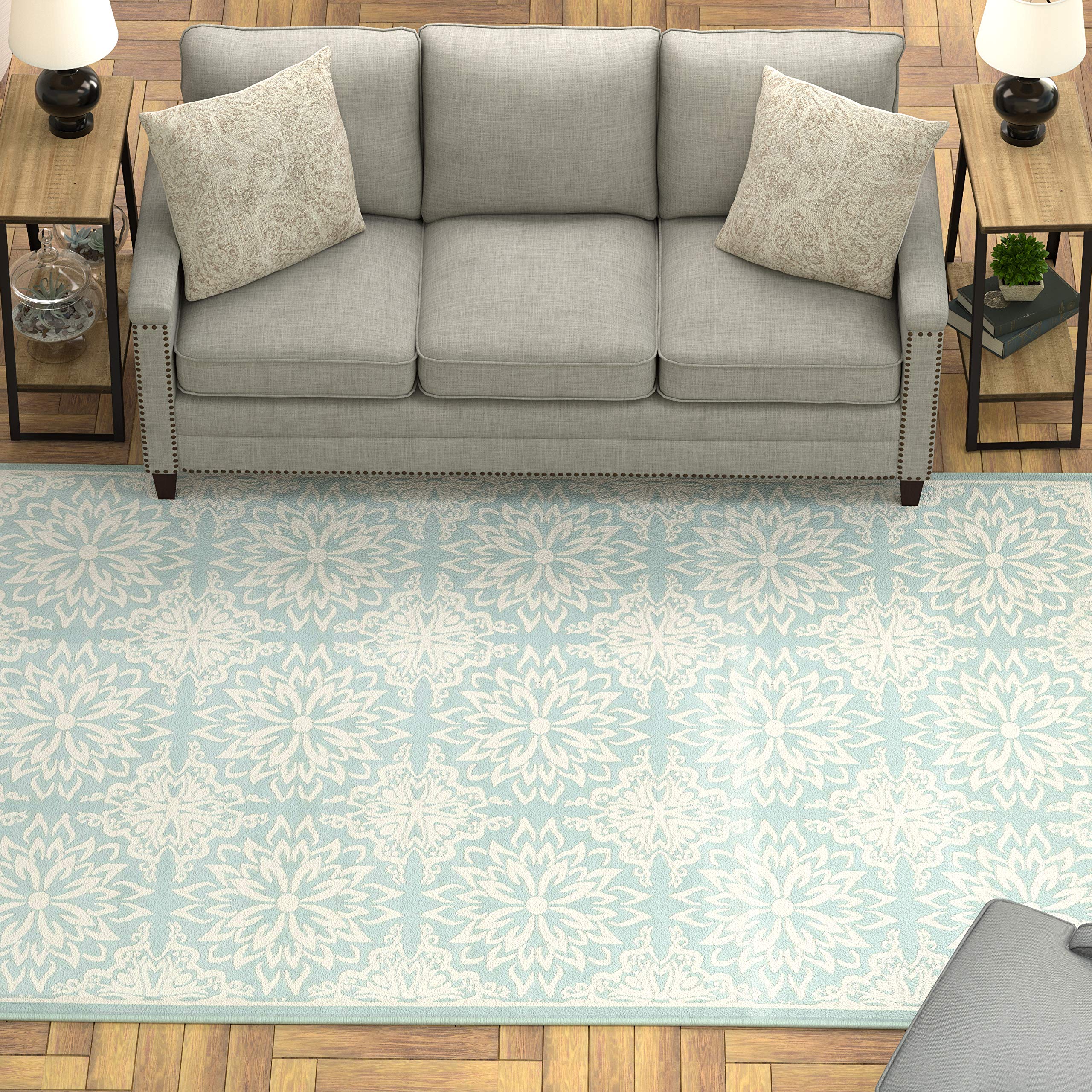 Ravenna Home Floral Medallion Tiled Rug, 6' x 9', Pale Aqua with Ivory
