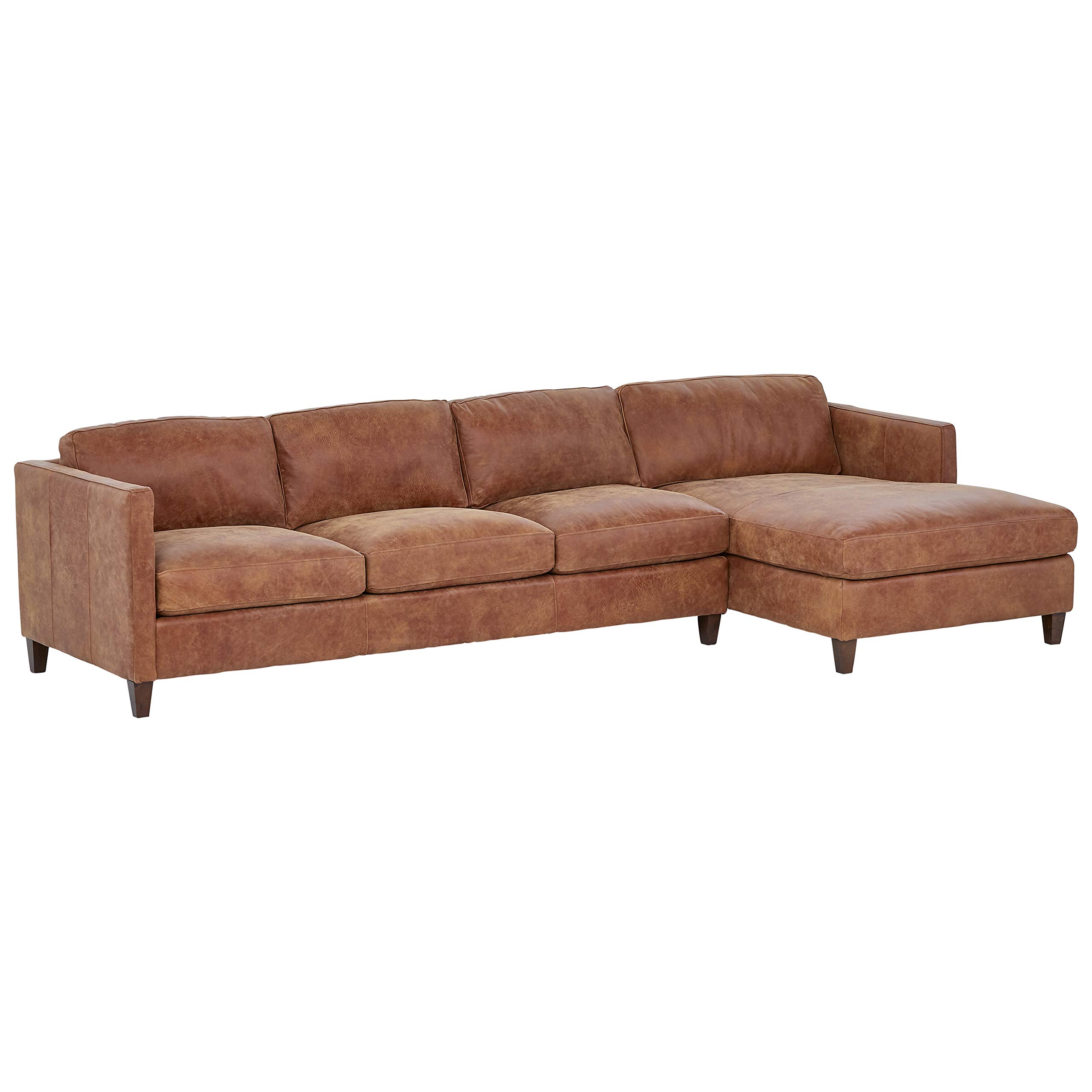 Amazon Brand – Stone & Beam Andover Right-Facing Sofa-Chaise Sectional, 126"W, Saddle-Colored Leather