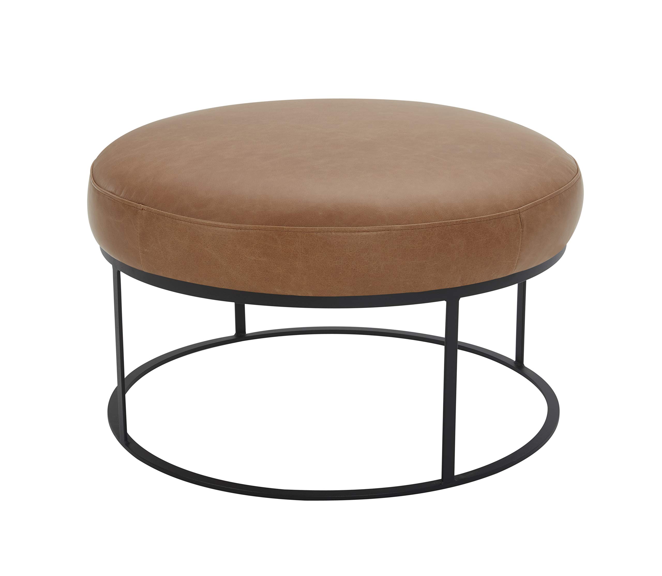 Amazon Brand – Rivet Revere Round Leather Iron-Framed Ottoman, 30.3"W, Cognac