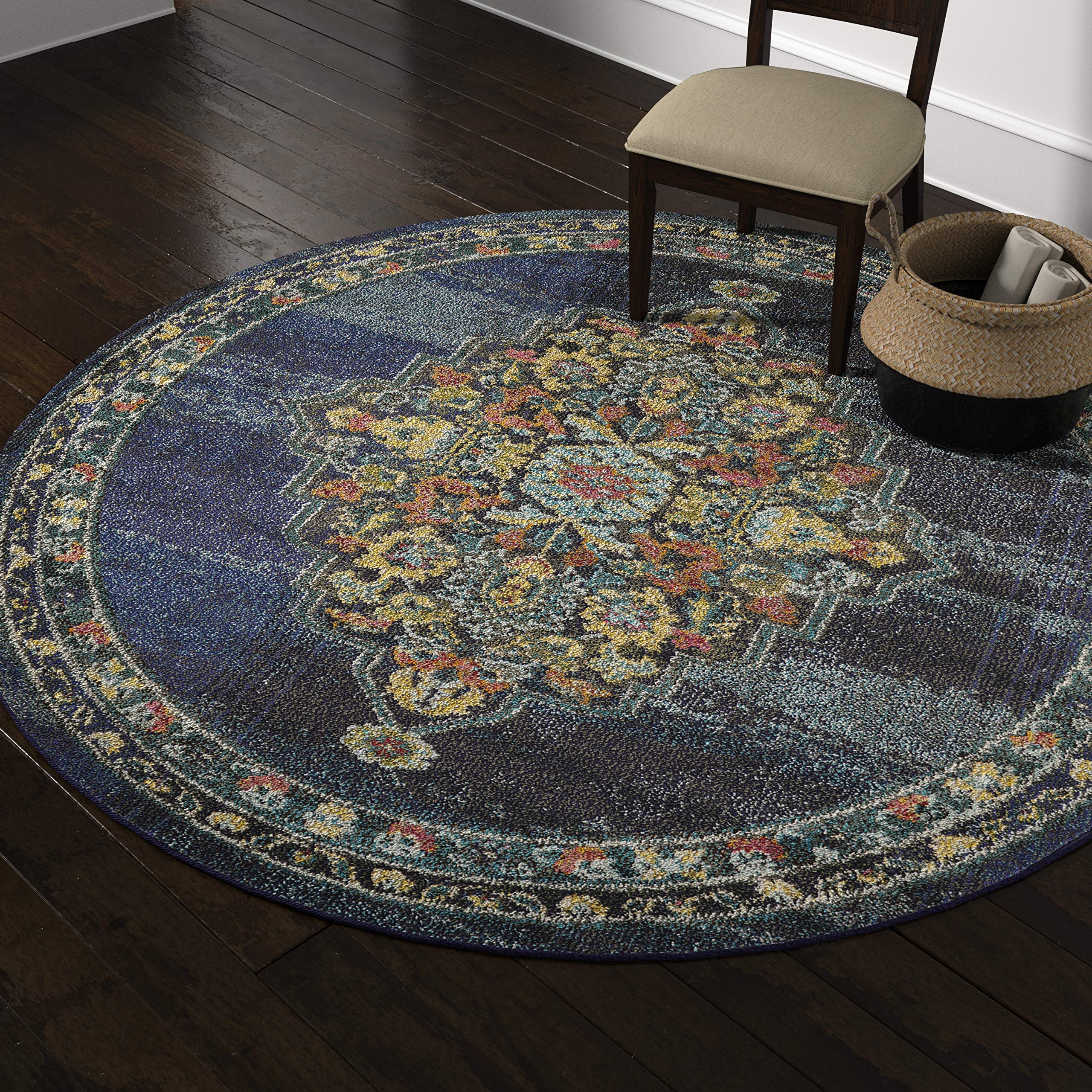 Stone & Beam Polypropylene Round Rug, 7'10" x 7'10", Blue, Navy, Multicolor