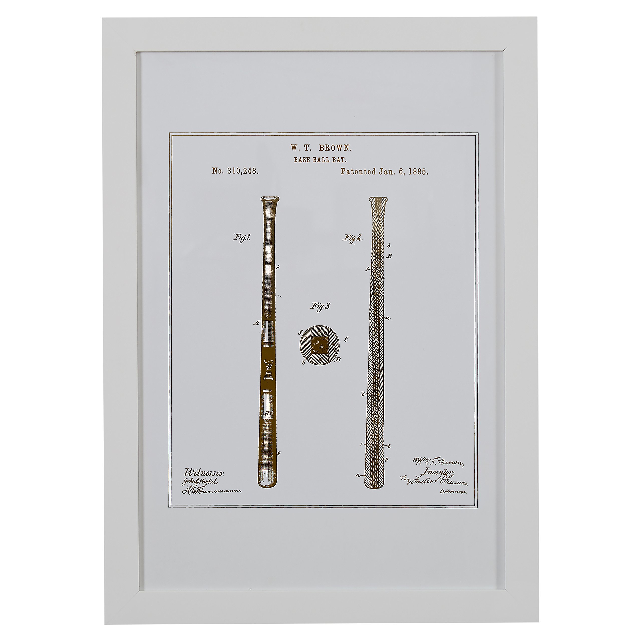 Amazon Brand – Stone & Beam Modern Gold Print of 1885 Baseball Bat Patent, White Frame, 15" x 21"