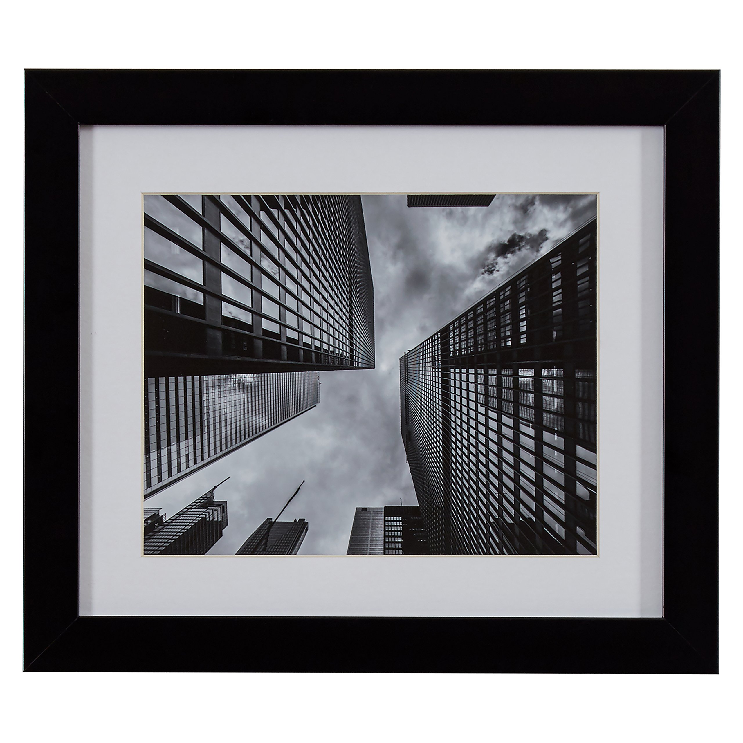 Amazon Brand – Rivet Ground View Black and White Photography Matted Skyscrapers Wall Art, Black Frame, 15" x 13"