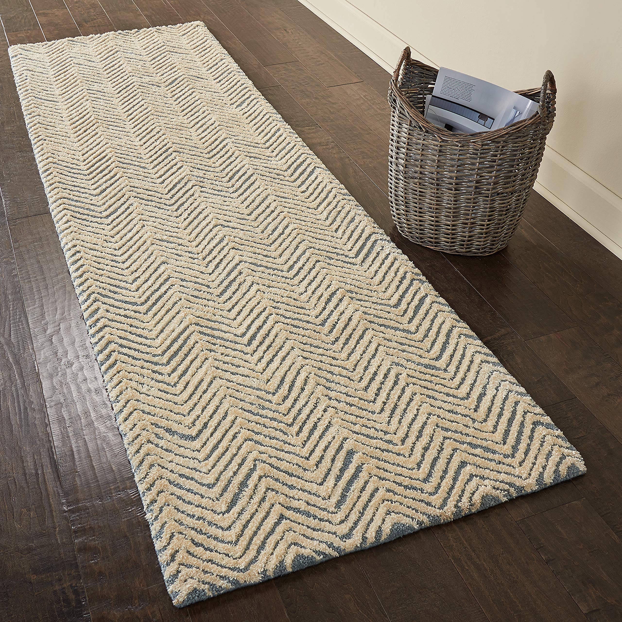 Amazon Brand – Rivet Contemporary Chevron Area Rug, 7' 6" x 2' 3", Light Blue, Ivory