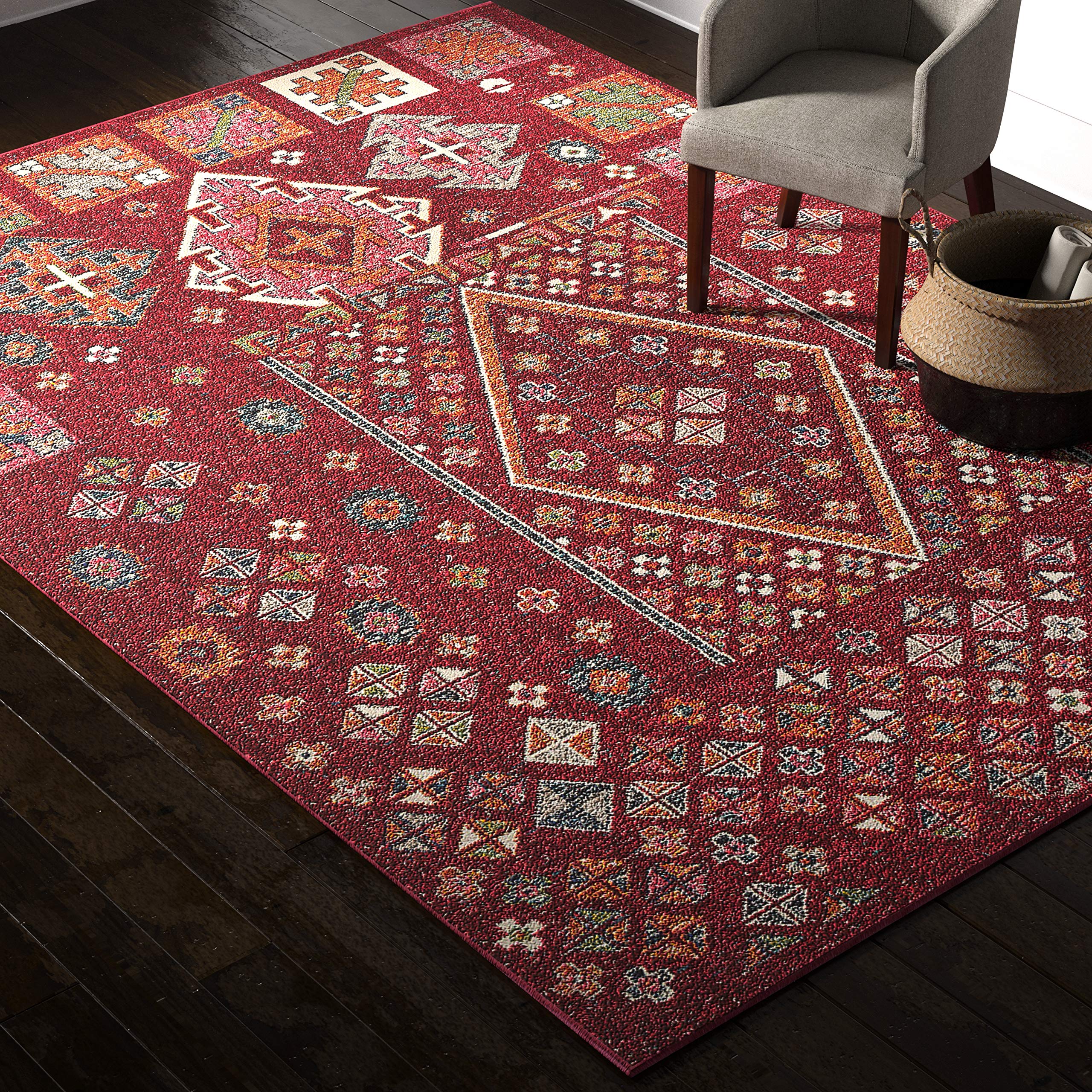 Rivet Red Mosaic Multi-Print Wool Rug, 7'10" x 11', Red