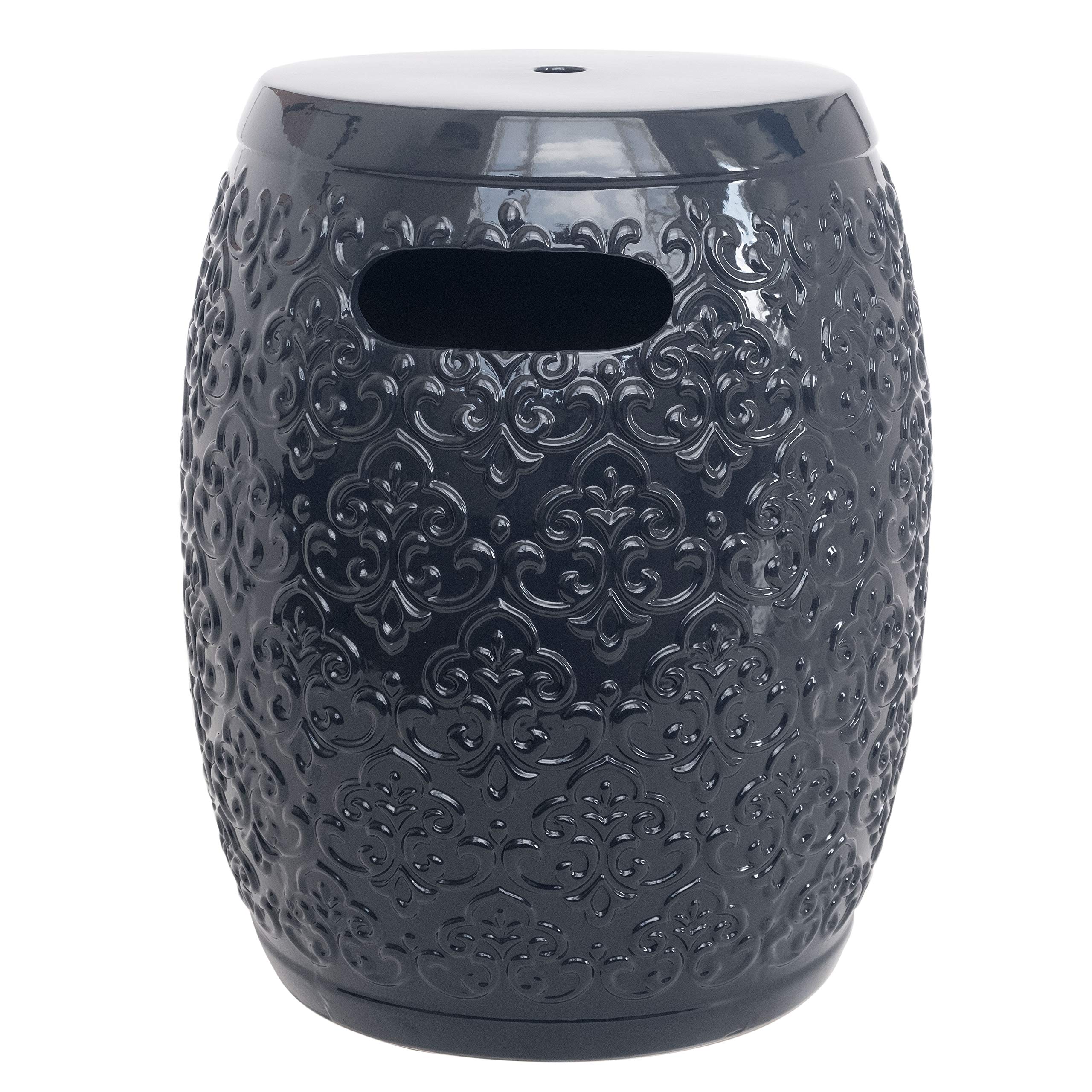 Amazon Brand – Ravenna Home Damask-Pattern Ceramic Garden Stool or Side Table, 16"H, Navy Blue