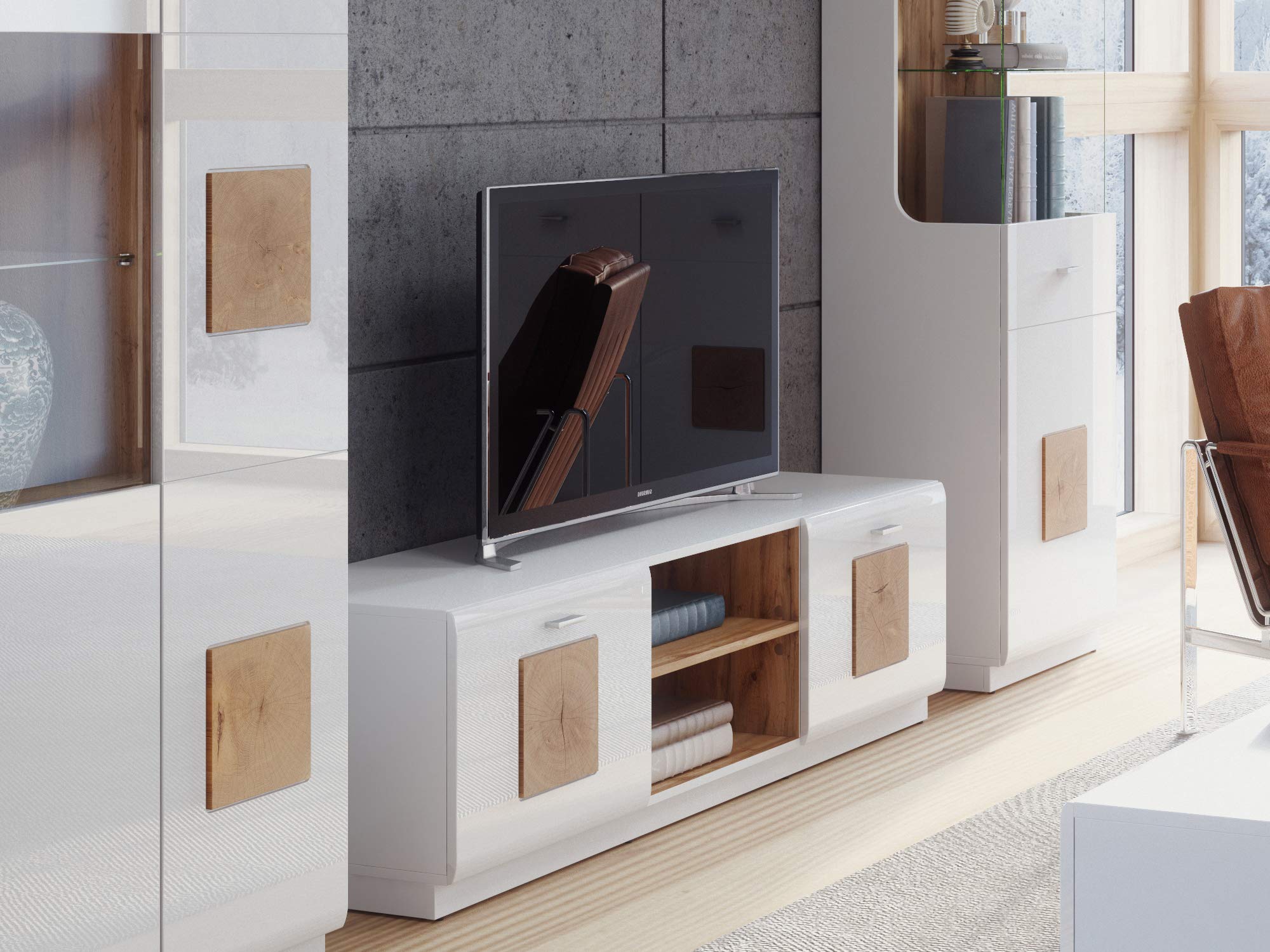 Amazon Brand - Movian TV Unit with Storage, 40 x 154cm, Oak/Timber/High Gloss White