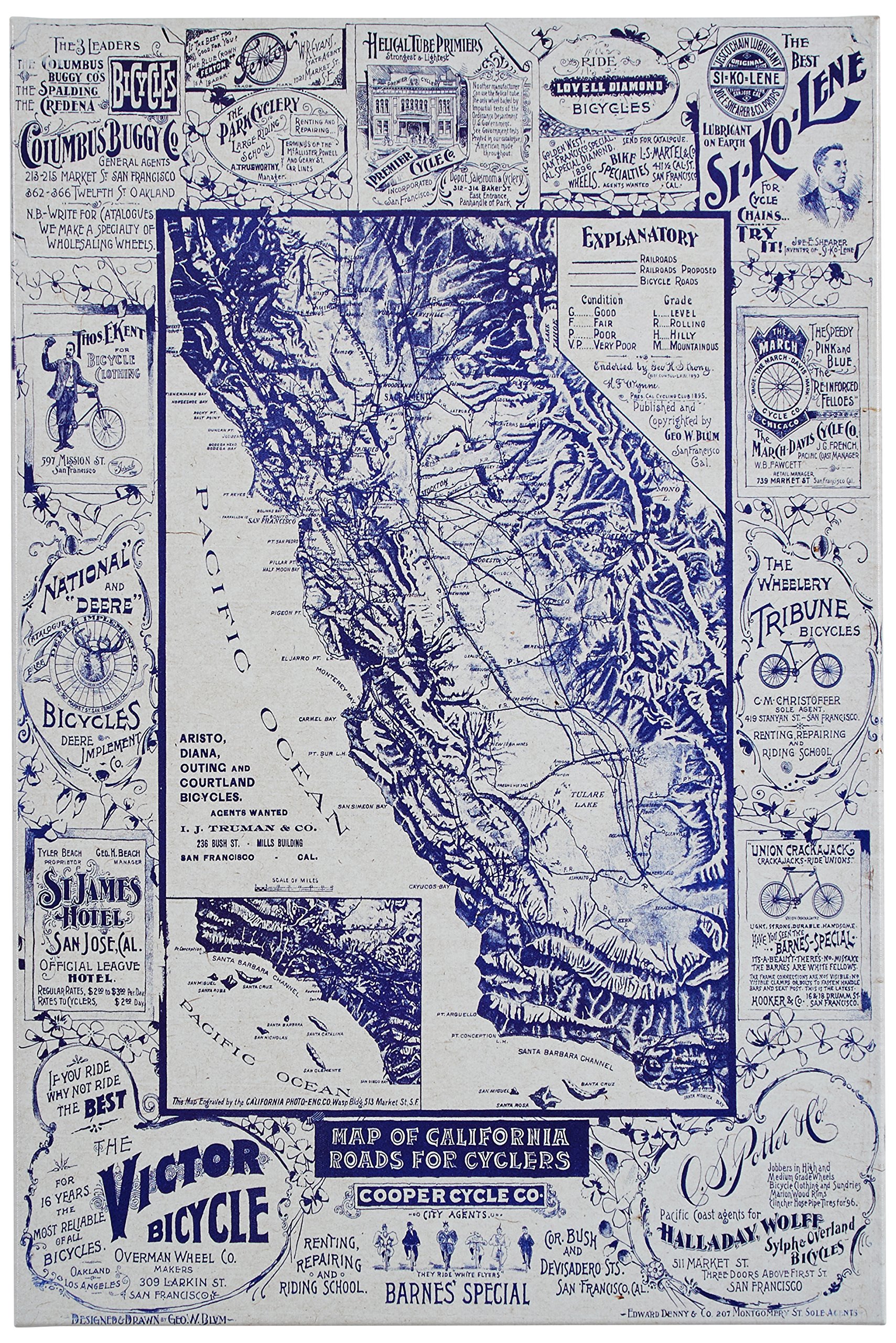 Amazon Brand – Rivet Blue 1897 Map of California Roads for Cyclers Canvas Print Wall Art, 16" x 24"