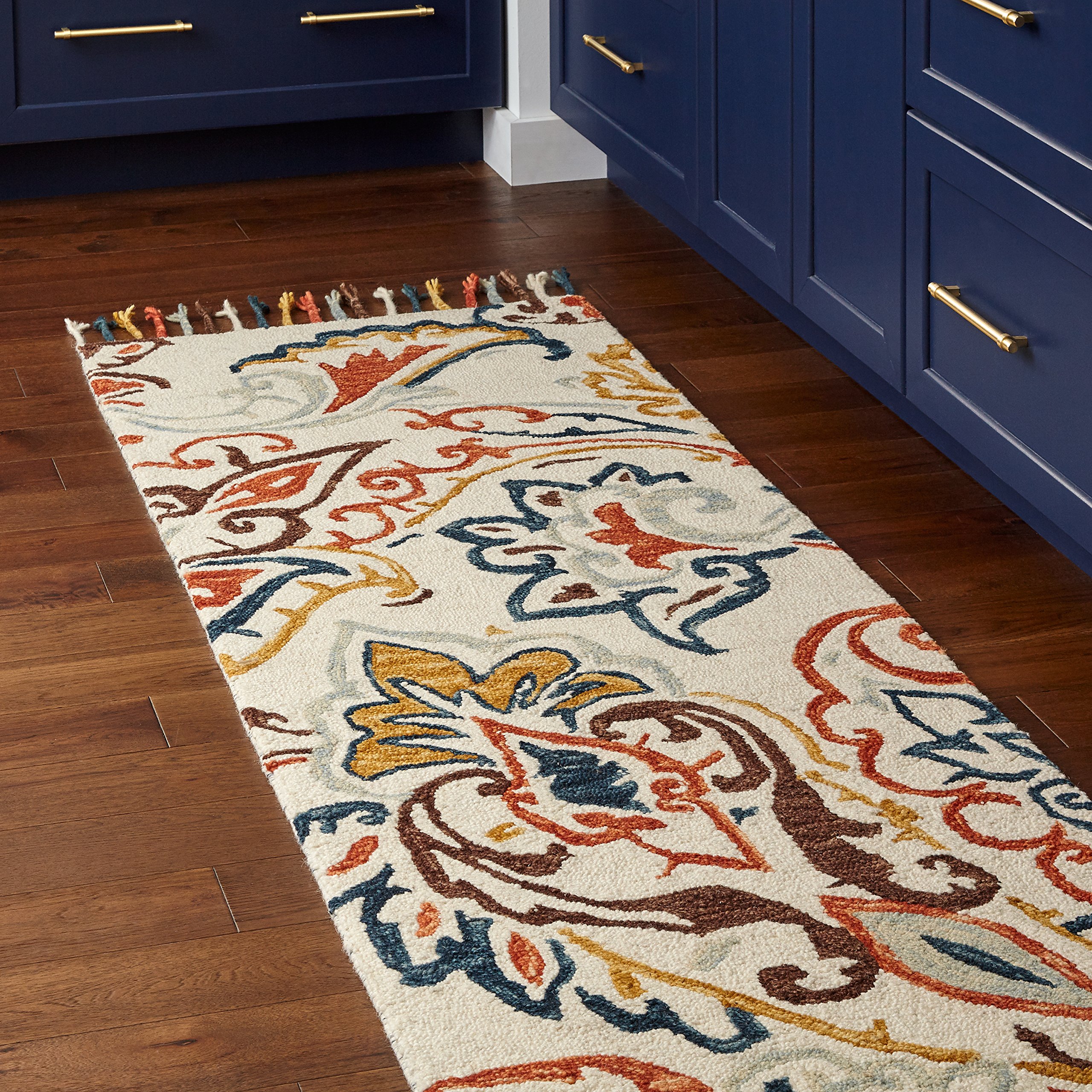 Amazon Brand – Stone & Beam Swirling Paisley Farmhouse Motif Wool Runner Rug, 2' 6" x 8', Multi