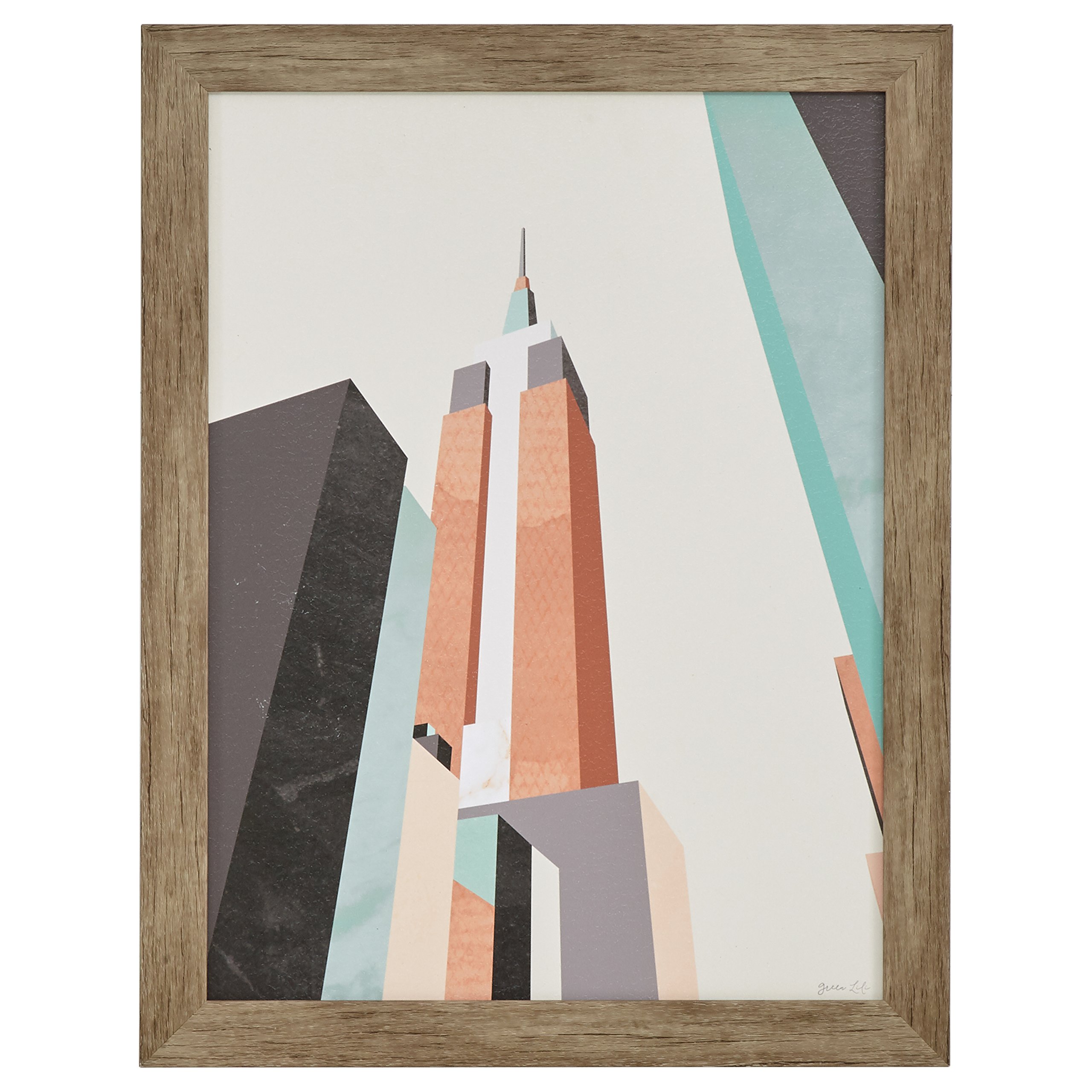 Amazon Brand – Stone & Beam Mid Century Modern Teal and Pink Empire State Building Print Framed Wall Art Decor - 21" x 27" Frame, Wood-Tone