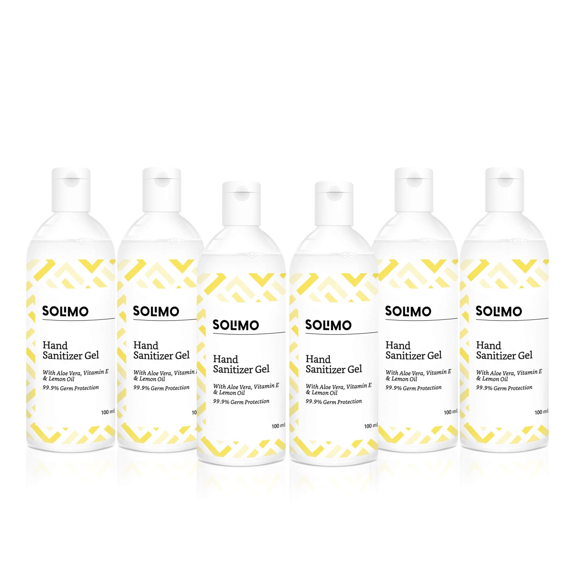 Amazon Brand - Solimo Hand Sanitizer Gel with Aloe vera, Vit E & Lemon Oil - 100 ml - Pack of 6