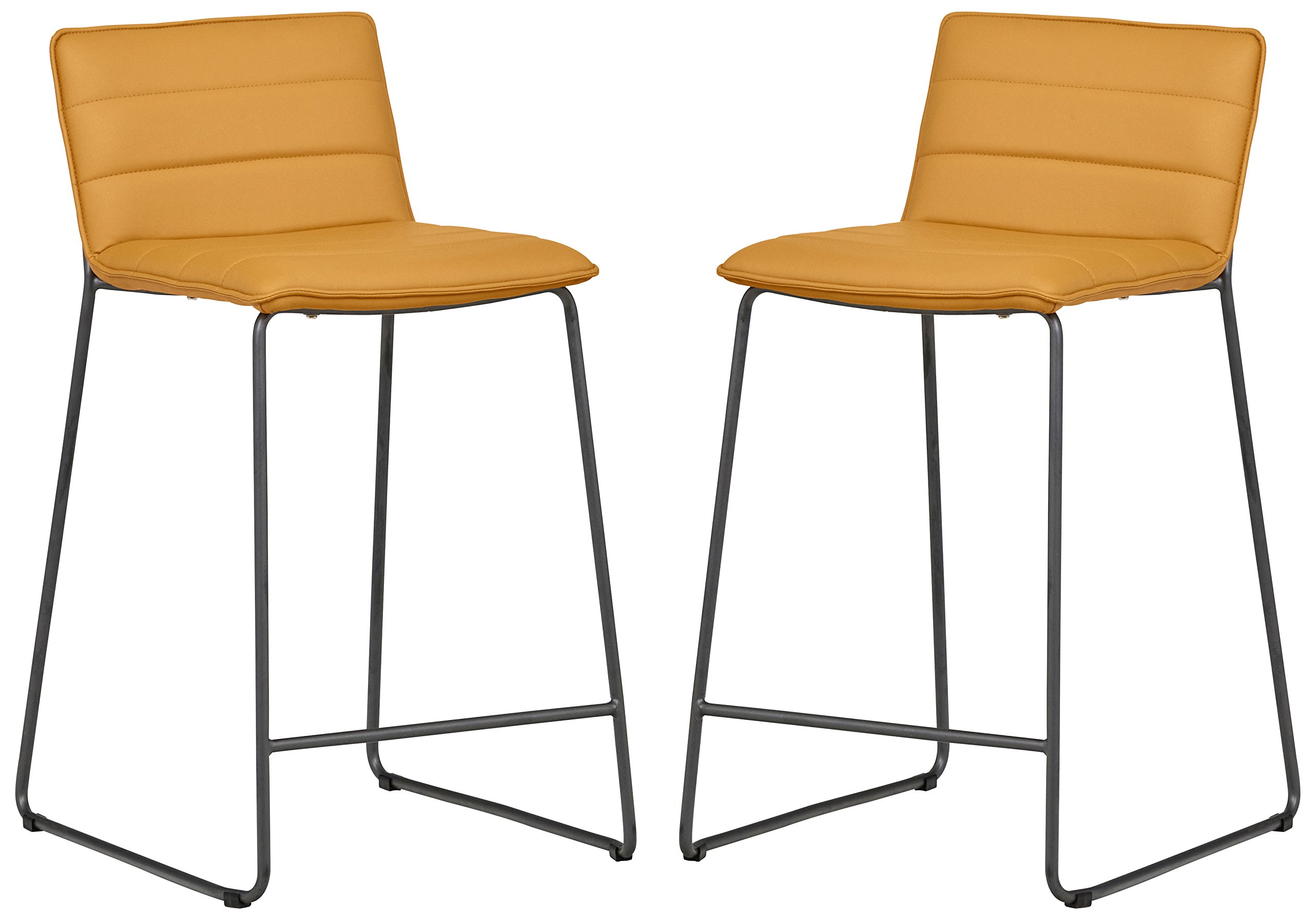 Amazon Brand – Rivet Julian Minimalist Modern Tufted Dining Room Counter Height Bar Stools, Set of 2, 34.3 Inch Height, Synthetic Leather, Autumn Yellow