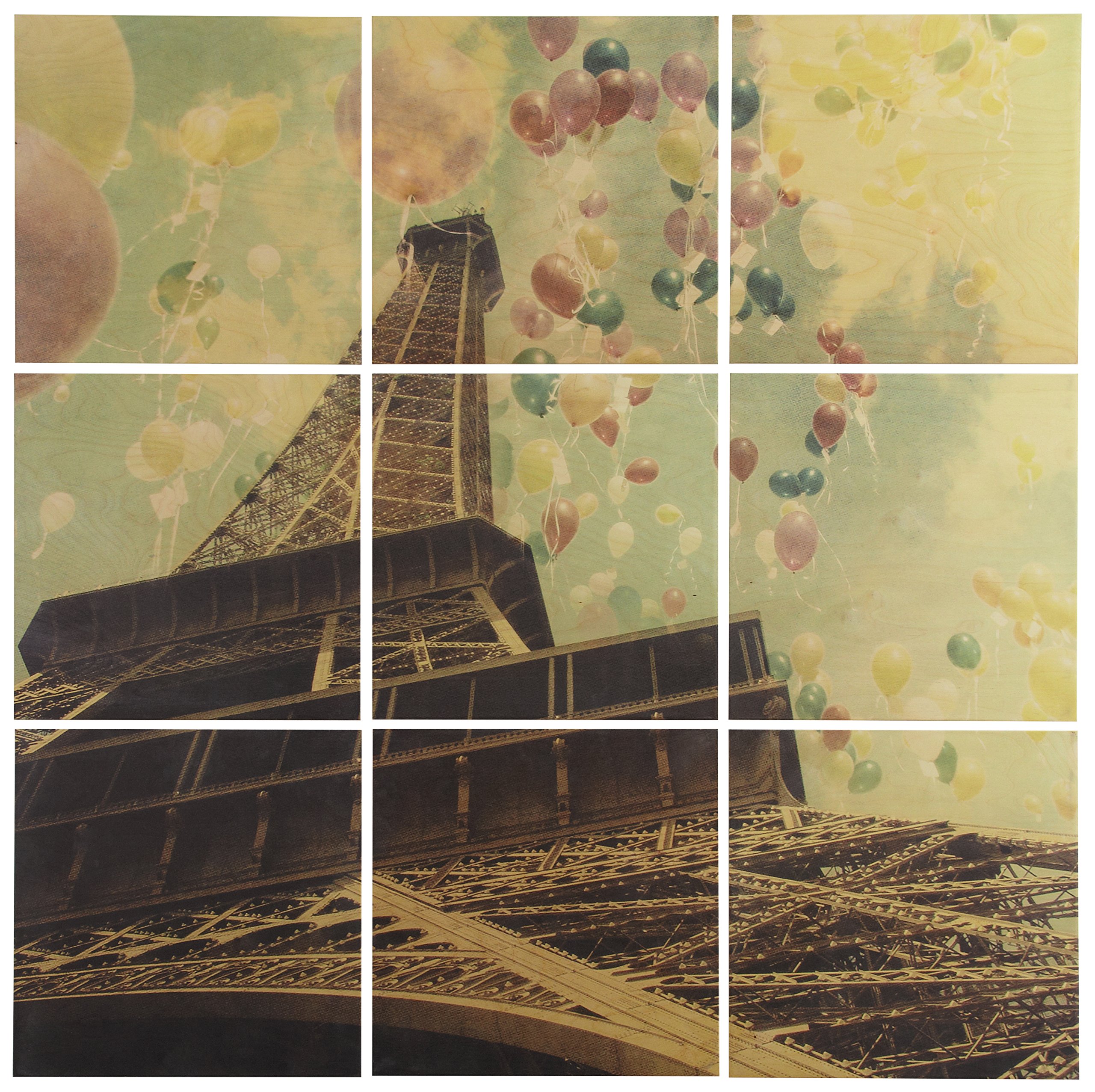 Amazon Brand – Stone & Beam Modern 9-Piece Mural of Balloons and Eiffel Tower Wall Art on Wood, 36" x 36"