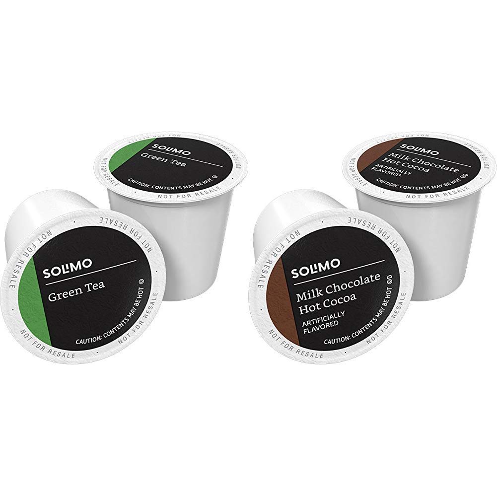 Amazon Brand - 24 Ct. Solimo Tea Pods, Green Tea, Compatible with 2.0 K-Cup Brewers & 24 Ct. Solimo Hot Cocoa Pods, Milk Chocolate Flavored, Compatible with 2.0 K-Cup Brewers