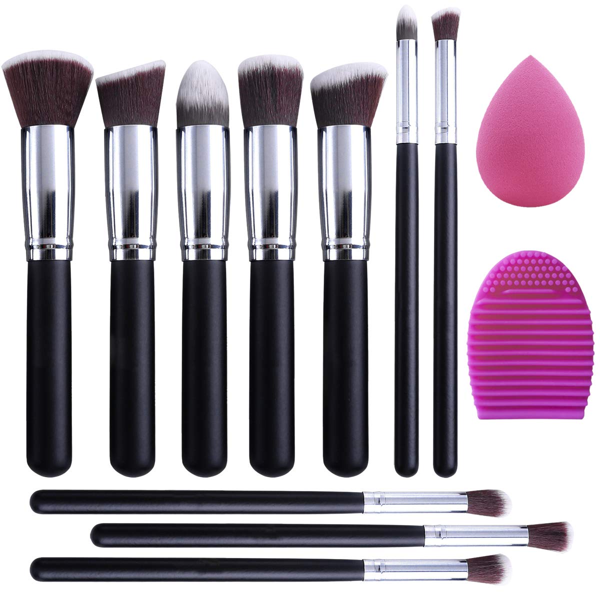 EONO Essential Makeup Brush Set Premium Synthetic Kabuki Foundation Face Powder Blush Eye Shadow Brush Makeup Brush Set with Blender Sponge and Brush Egg (10 + 2 Pieces, Black/Silver)