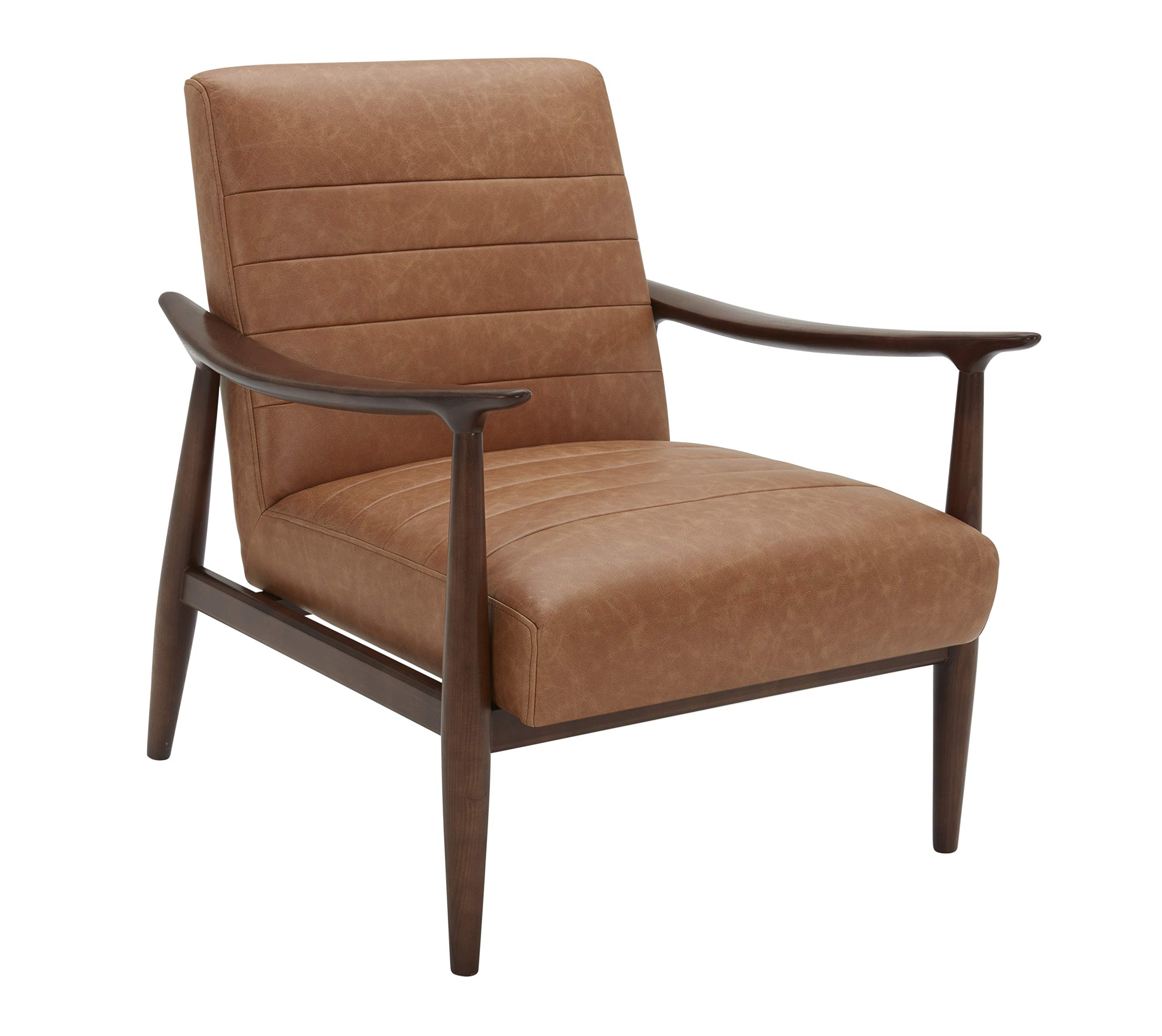 Amazon Brand – Rivet Spear Mid-Century Modern Channel Tufted Leather Accent Chair with Wood Arms, 29.1"W, Cognac