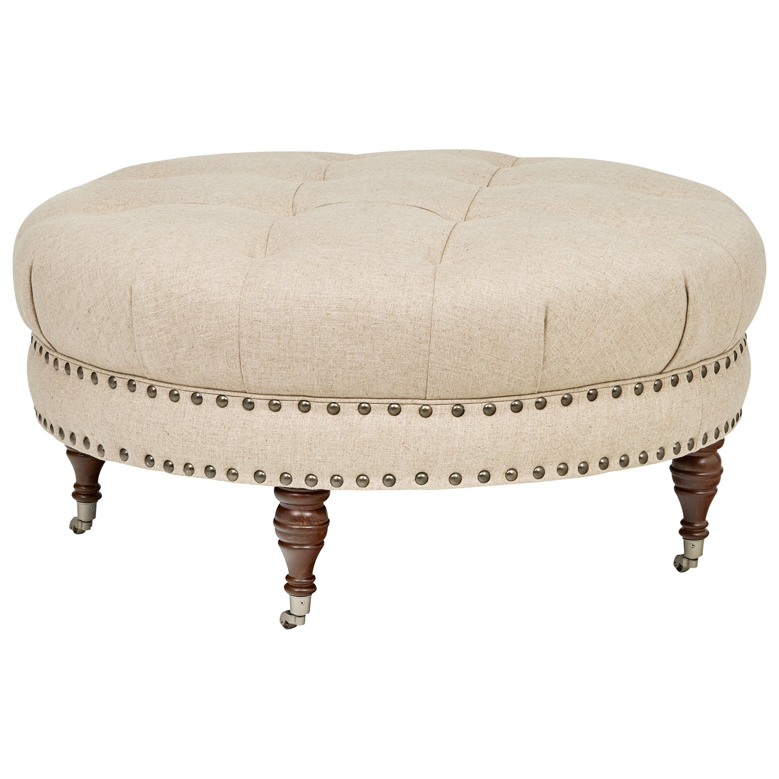 Amazon Brand – Stone & Beam Janelle Button Tufted Round Leather Wheeled Ottoman, 37"W, Brown Saddle
